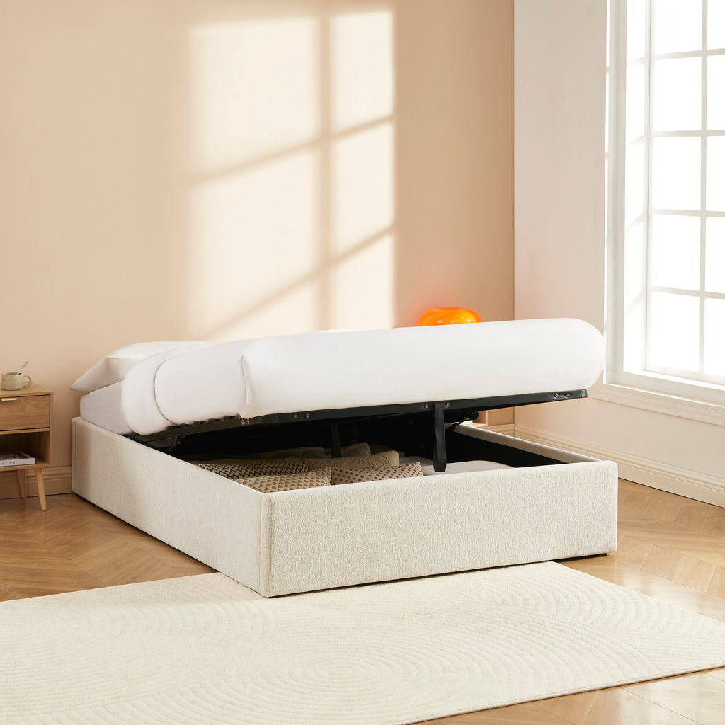 MARCY Upholstered Storage Bed with Slatted Base – White