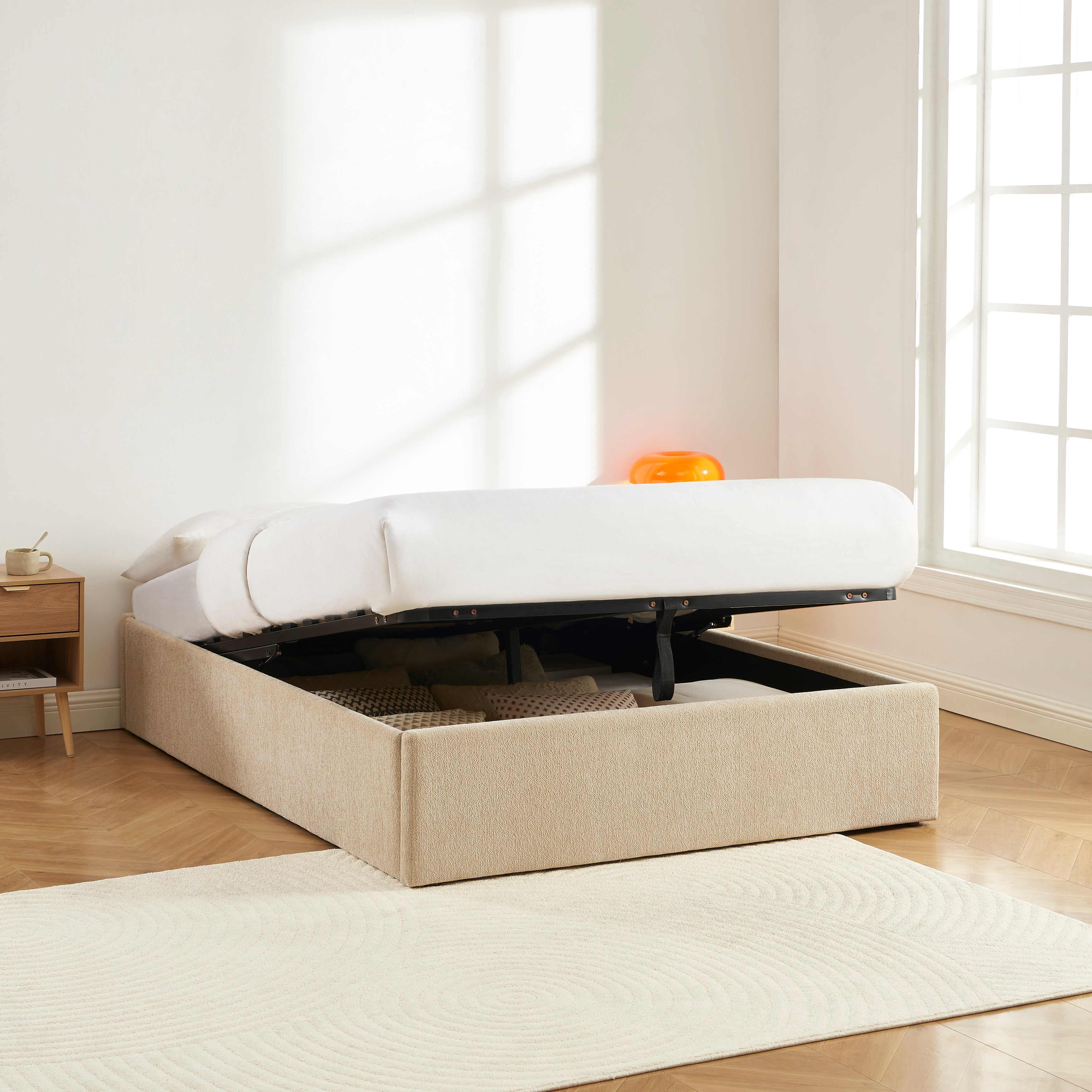 MARCY Upholstered Storage Bed with Slatted Base – Greige