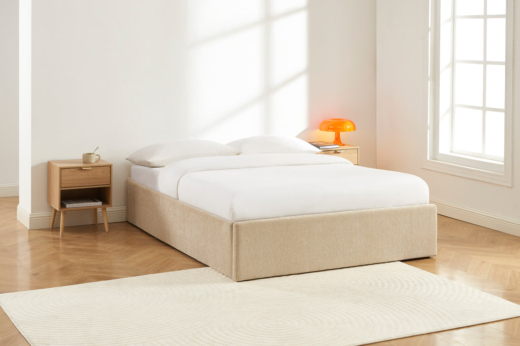 MARCY Upholstered Storage Bed with Slatted Base – Greige