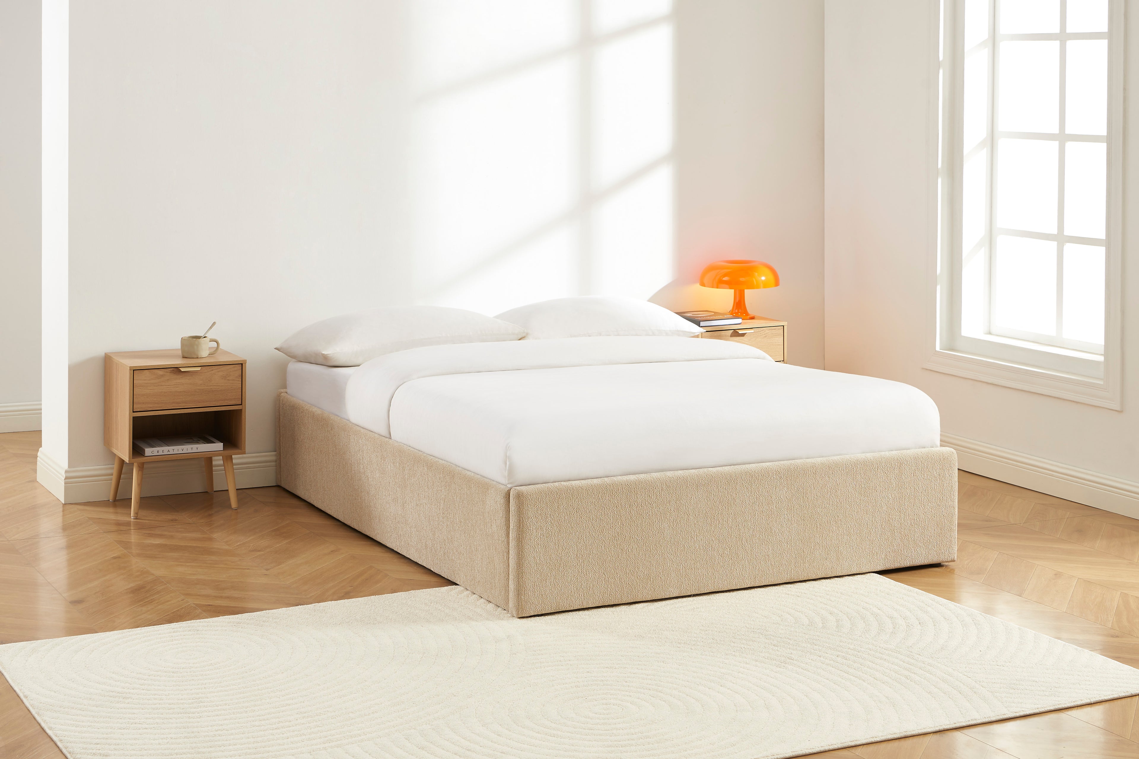 MARCY Upholstered Storage Bed with Slatted Base – Greige