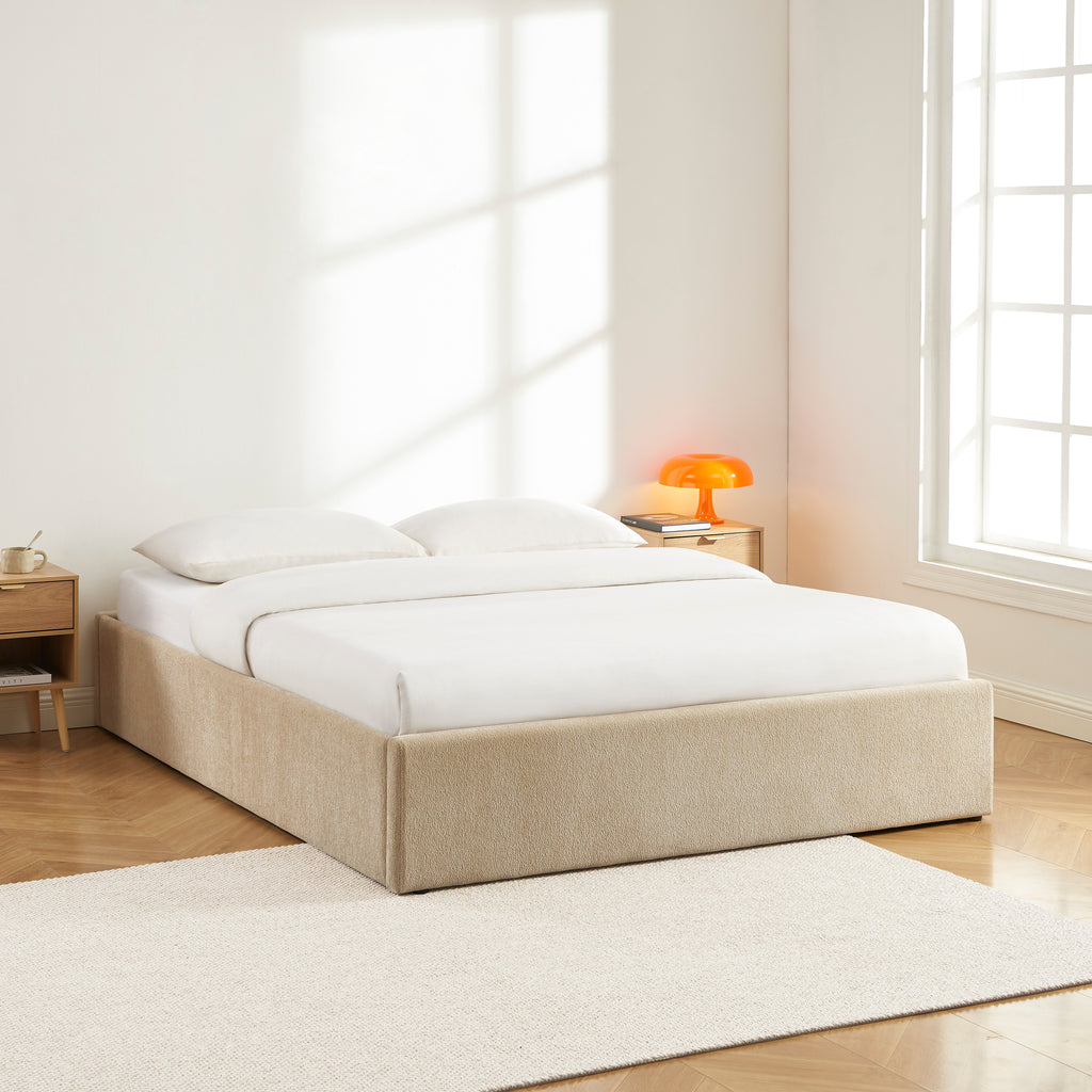 MARCY Upholstered Storage Bed with Slatted Base – Greige