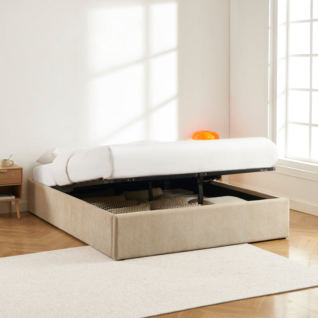 MARCY Upholstered Storage Bed with Slatted Base – Greige