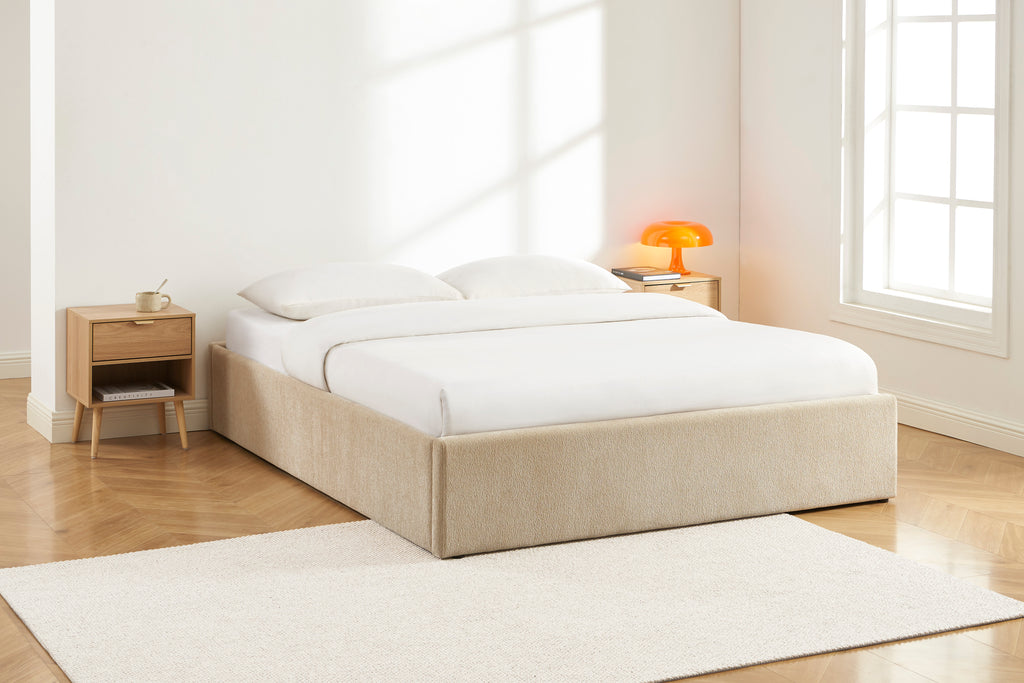 MARCY Upholstered Storage Bed with Slatted Base – Greige