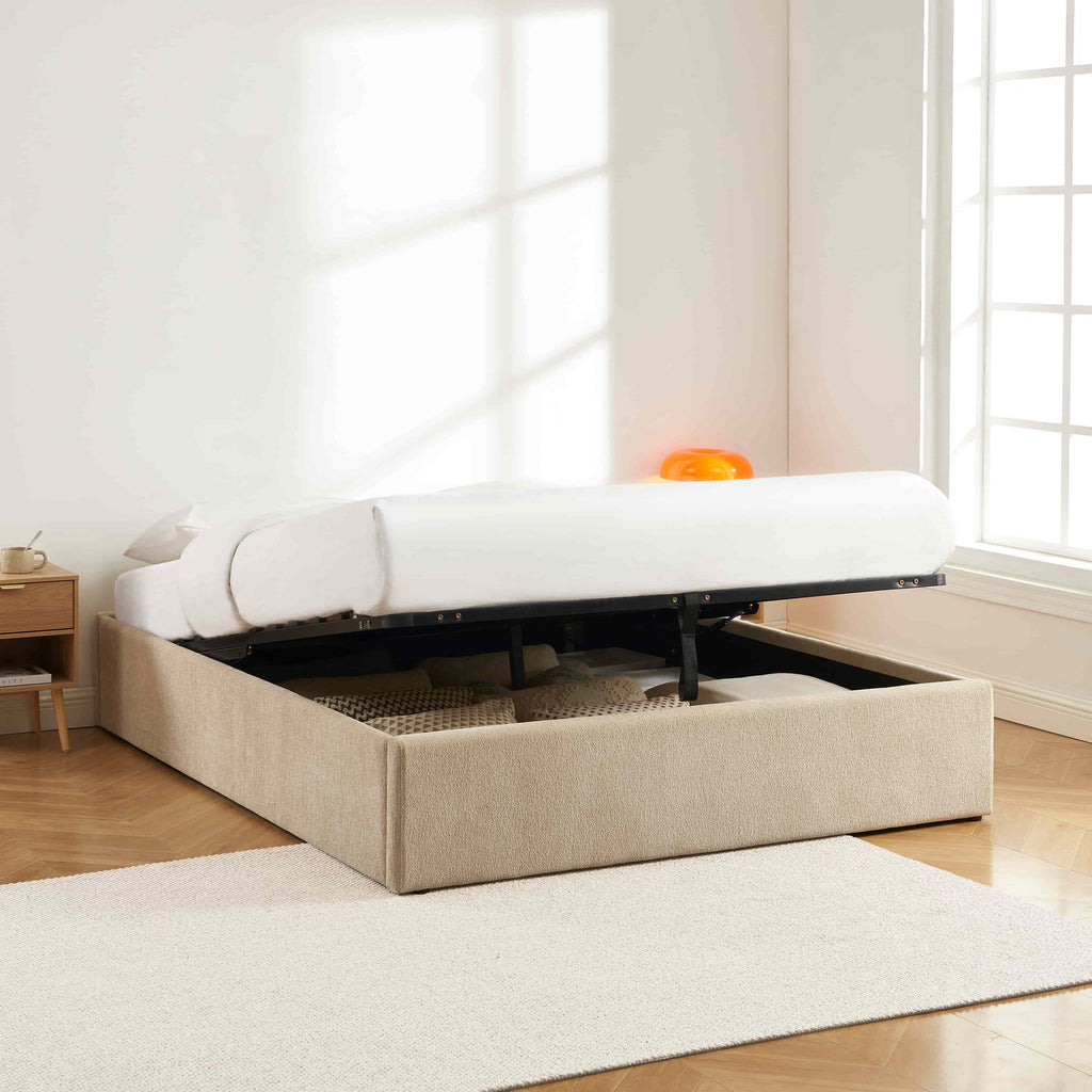MARCY Upholstered Storage Bed with Slatted Base – Greige