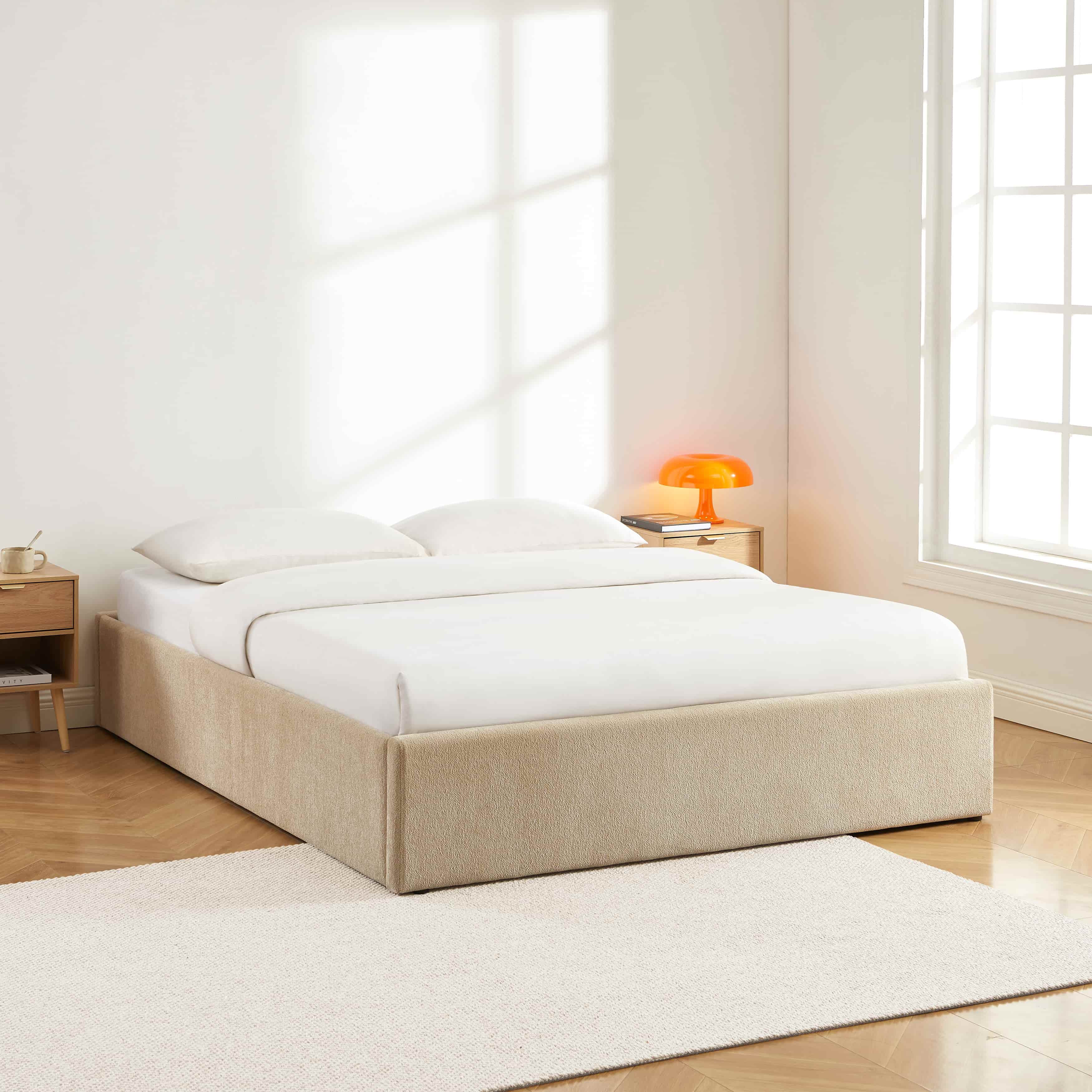MARCY Upholstered Storage Bed with Slatted Base – Greige