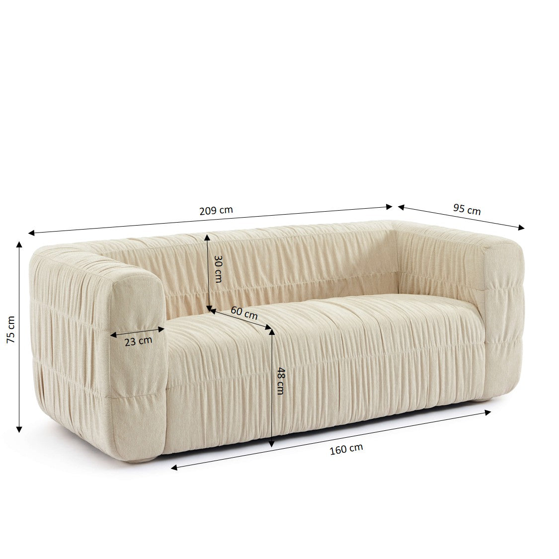 MARNI 3-Seater Sofa Thick Pleated Velvet - Beige