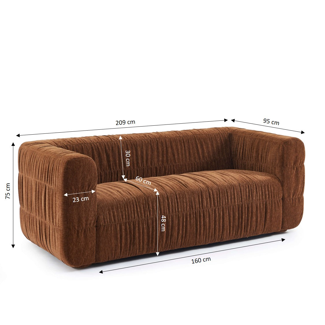 MARNI 3-Seater Sofa Thick Pleated Velvet - Brown