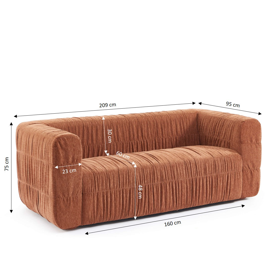 MARNI 3-Seater Sofa Thick Pleated Velvet Upholstery