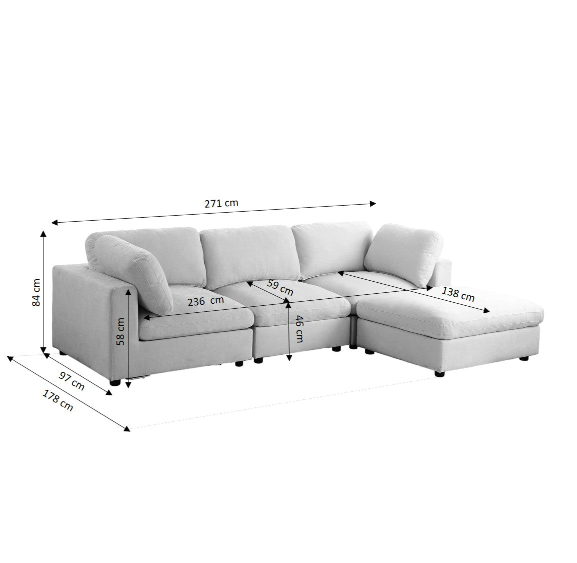 MIZAR Modular Sectional Sofa – Fabric 4-Seater Living Room Furniture