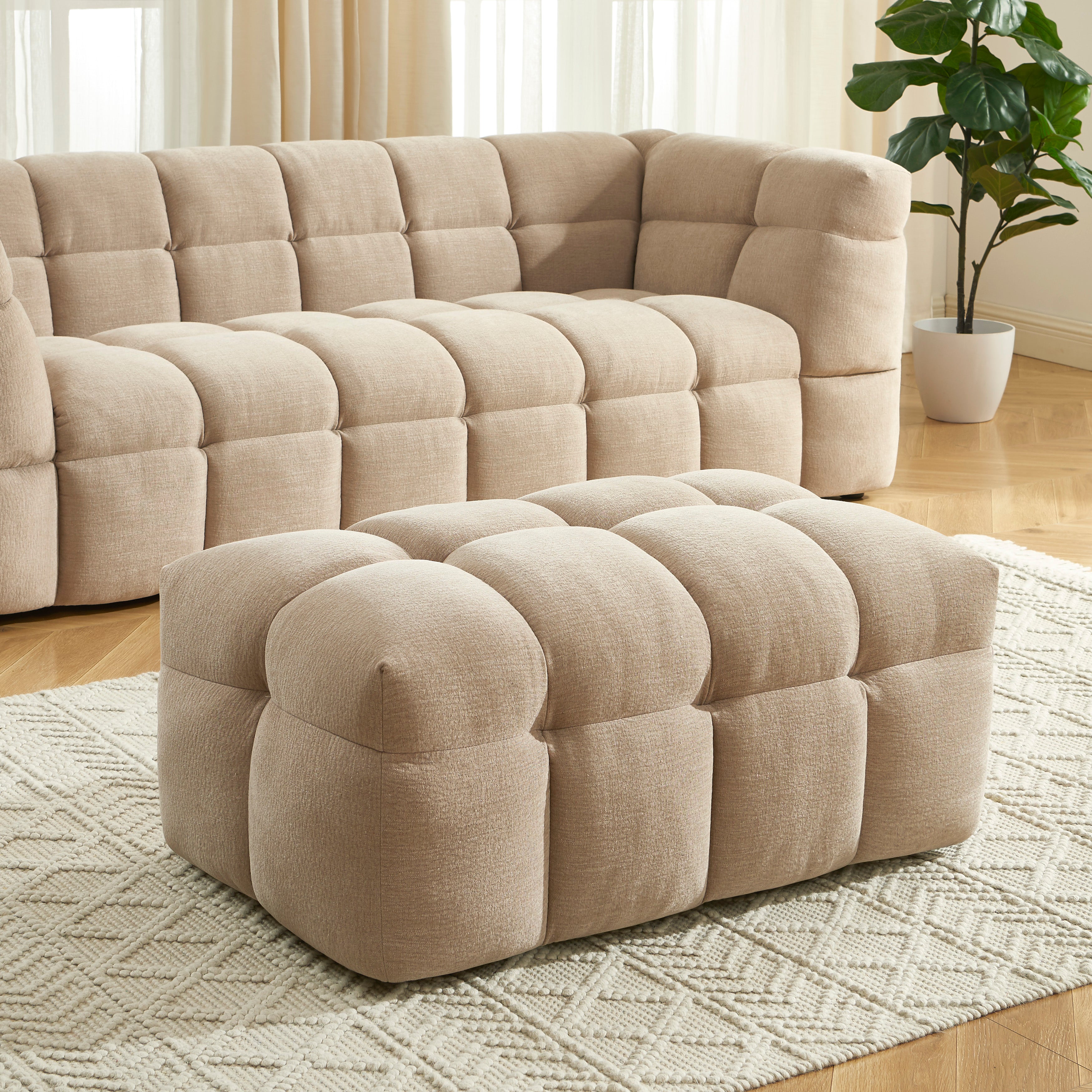 MOODY Chenille Fabric Pouf – Off- Beige