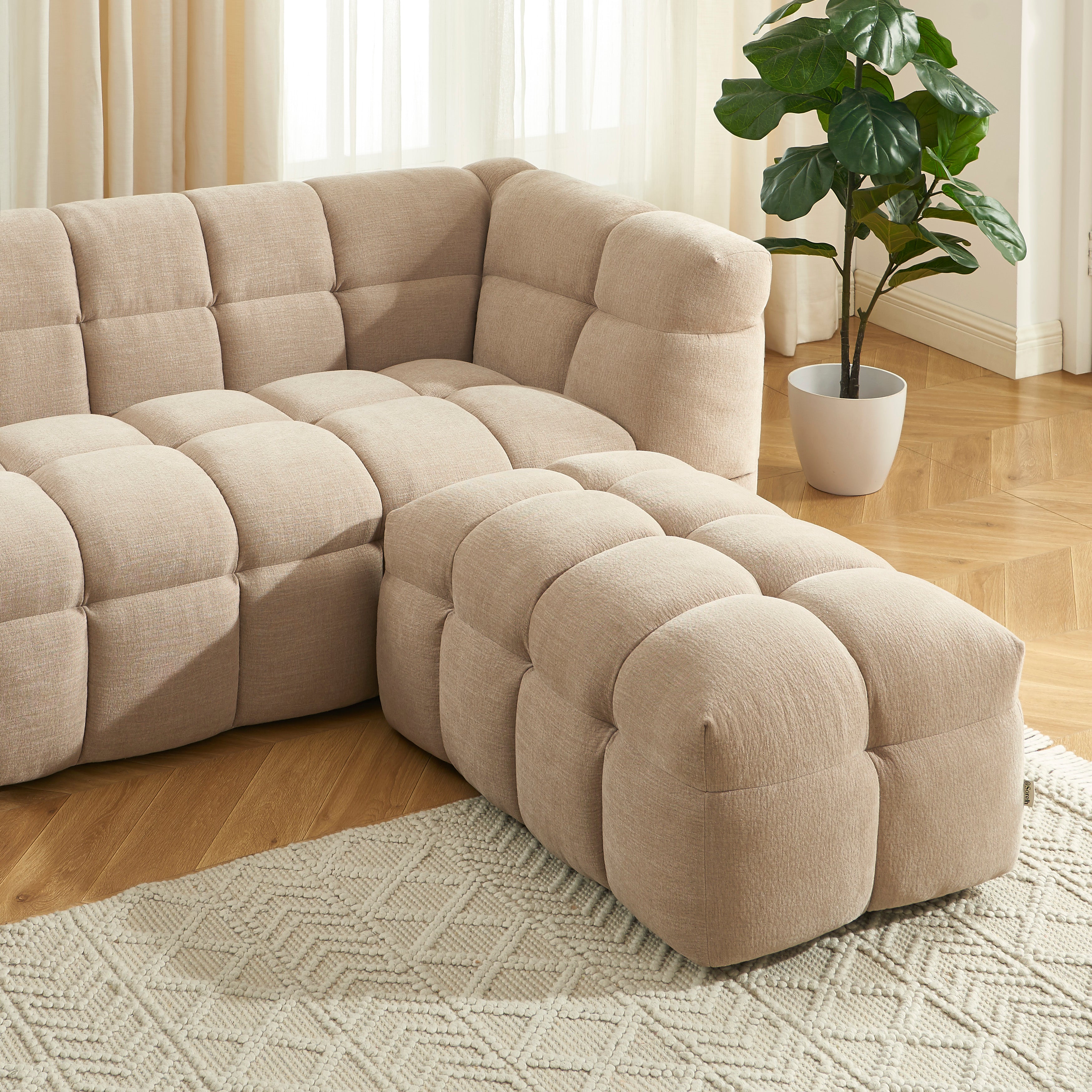 MOODY Chenille Fabric Pouf – Off- Beige