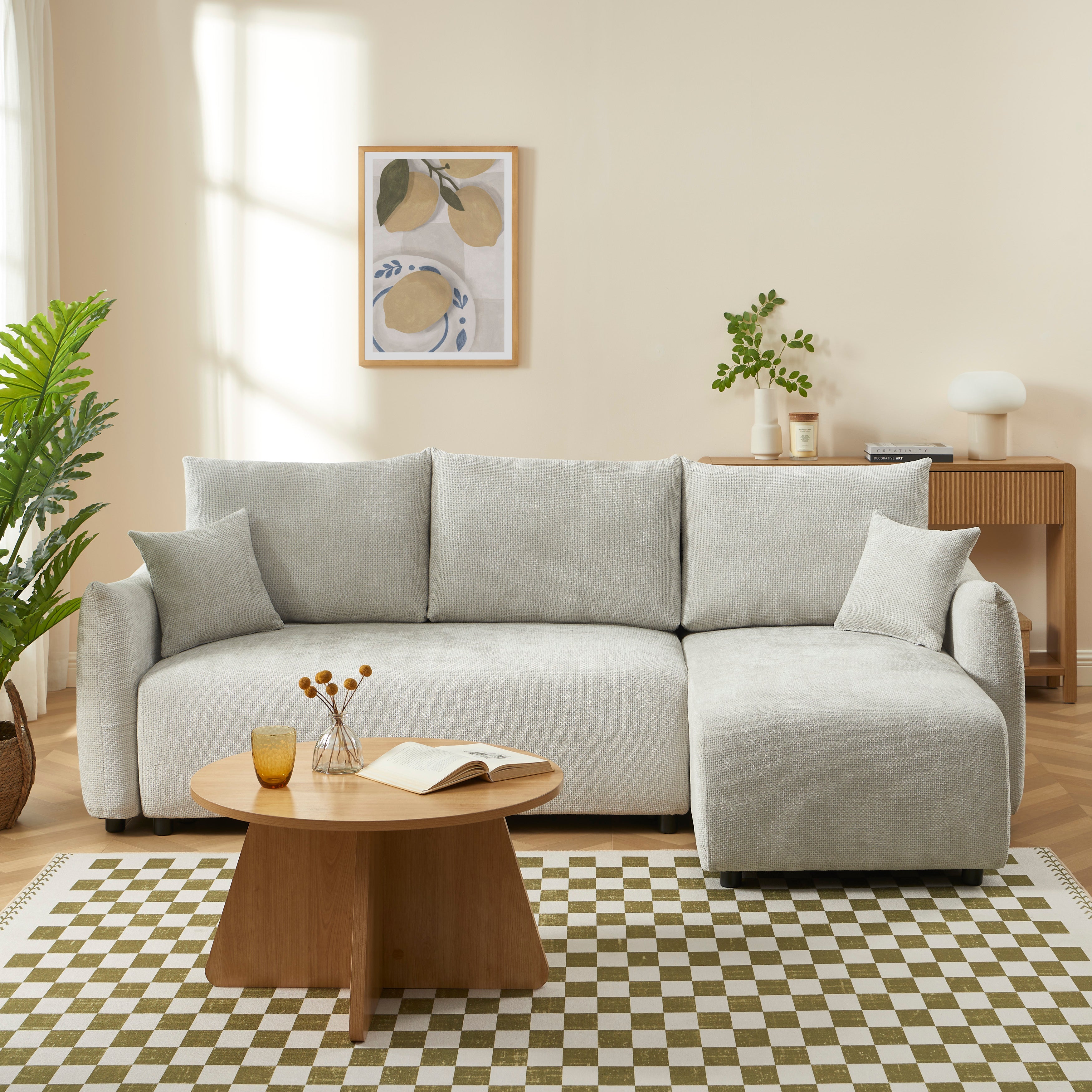 NEMEA Convertible & Reversible Sectional Sleeper Sofa – Beige Chenille Fabric 4-Seater Living Room Furniture