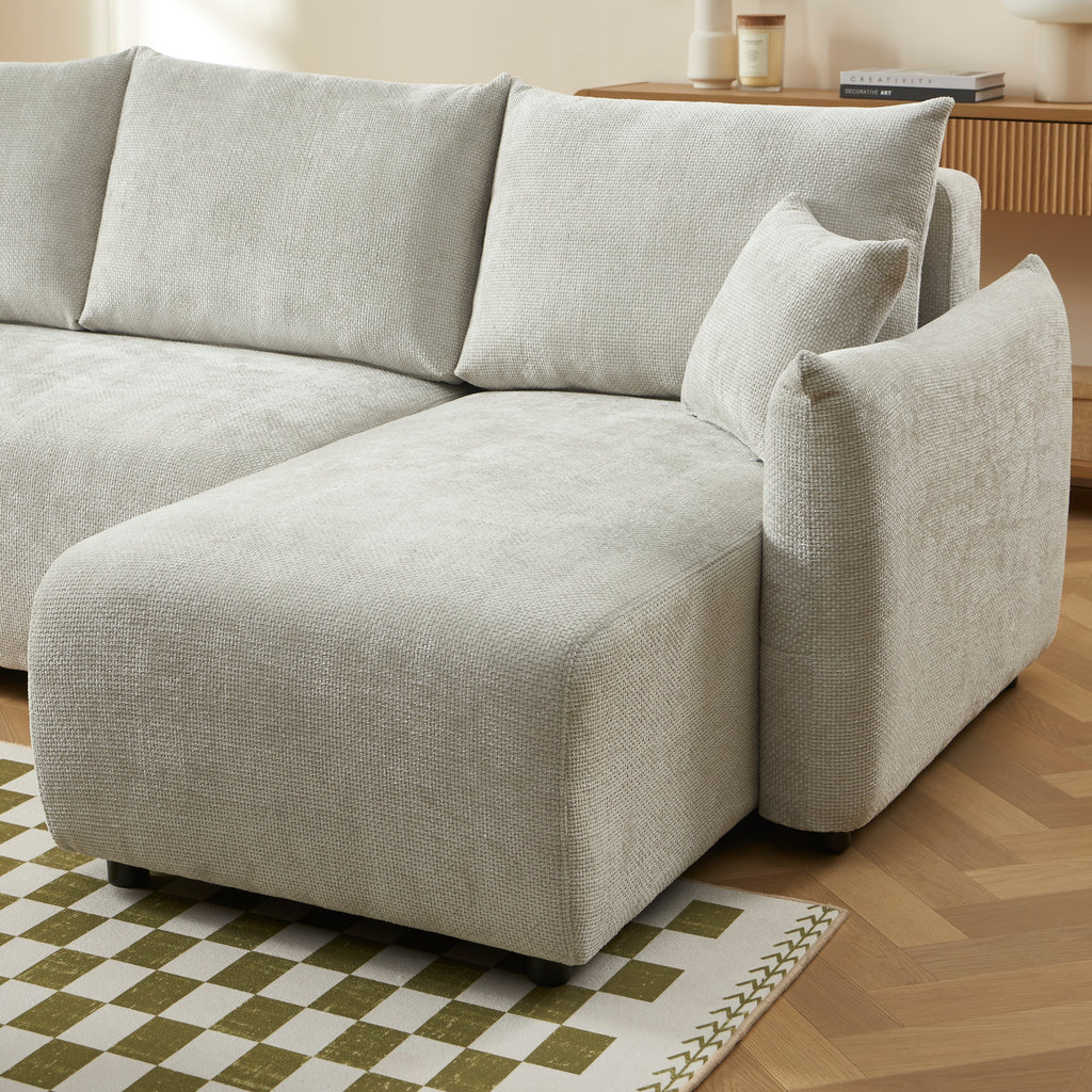 NEMEA Convertible & Reversible Sectional Sleeper Sofa – Beige Chenille Fabric 4-Seater Living Room Furniture