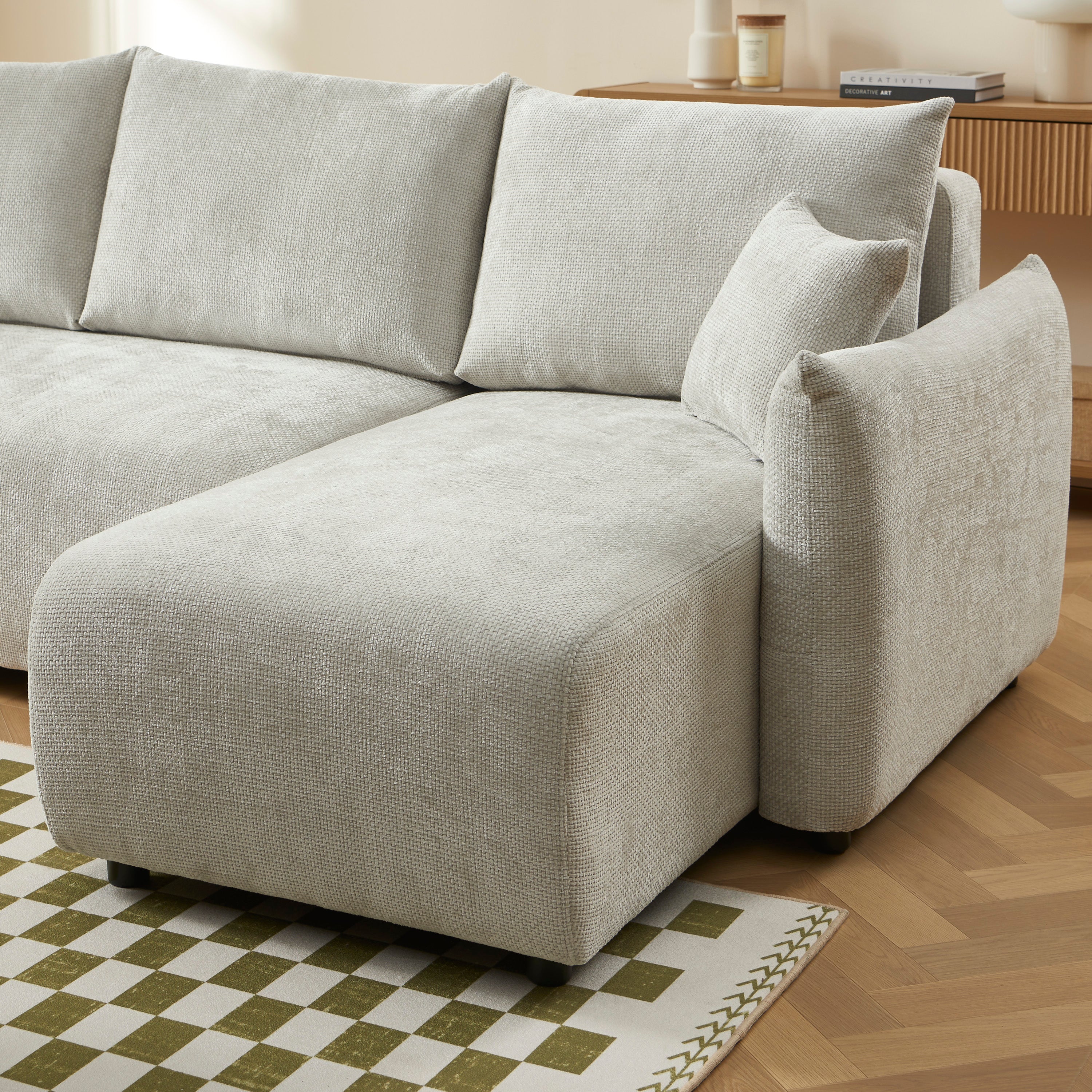 NEMEA Convertible & Reversible Sectional Sleeper Sofa – Beige Chenille Fabric 4-Seater Living Room Furniture