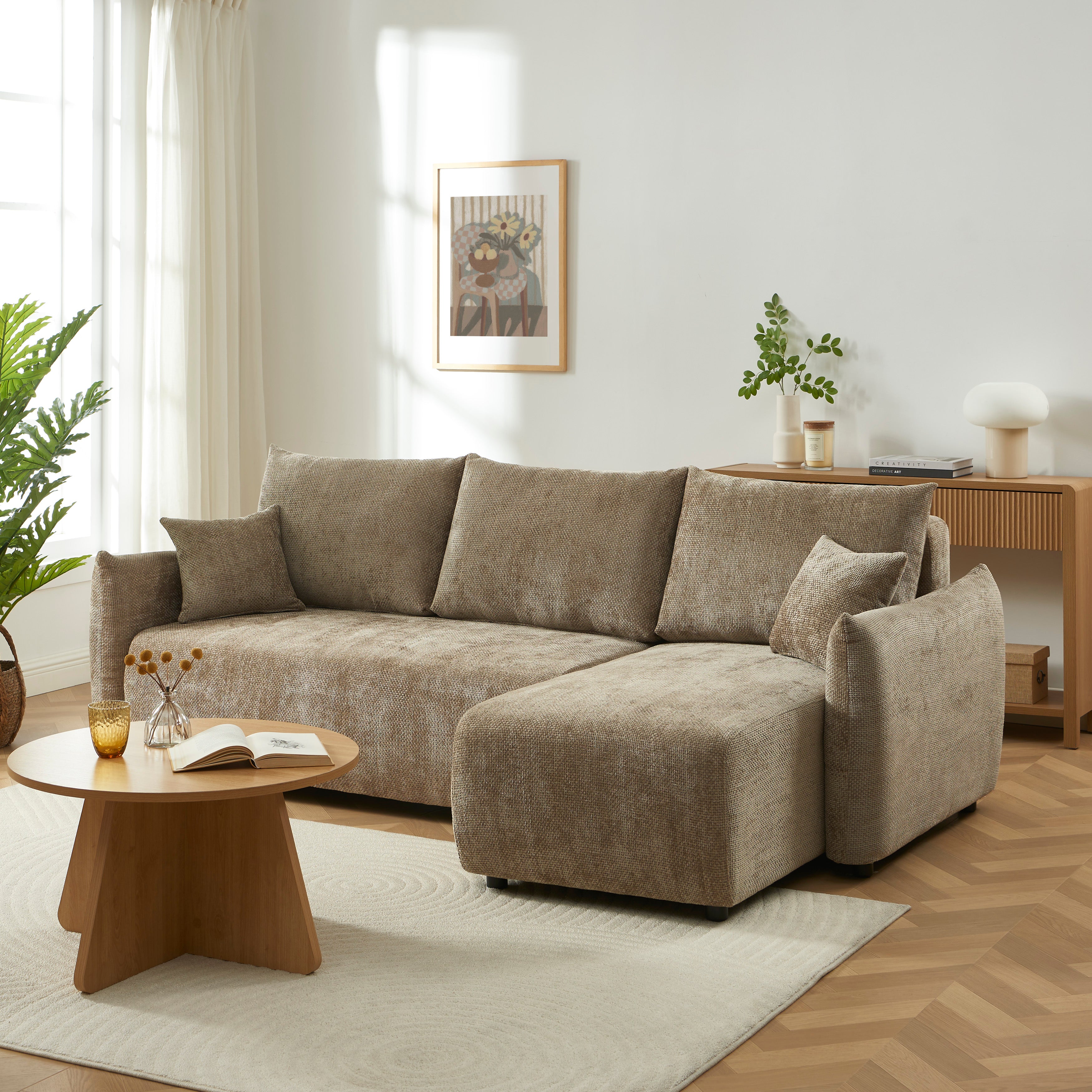 NEMEA Convertible & Reversible Sectional Sleeper Sofa – Beige Chenille Fabric 4-Seater Living Room Furniture