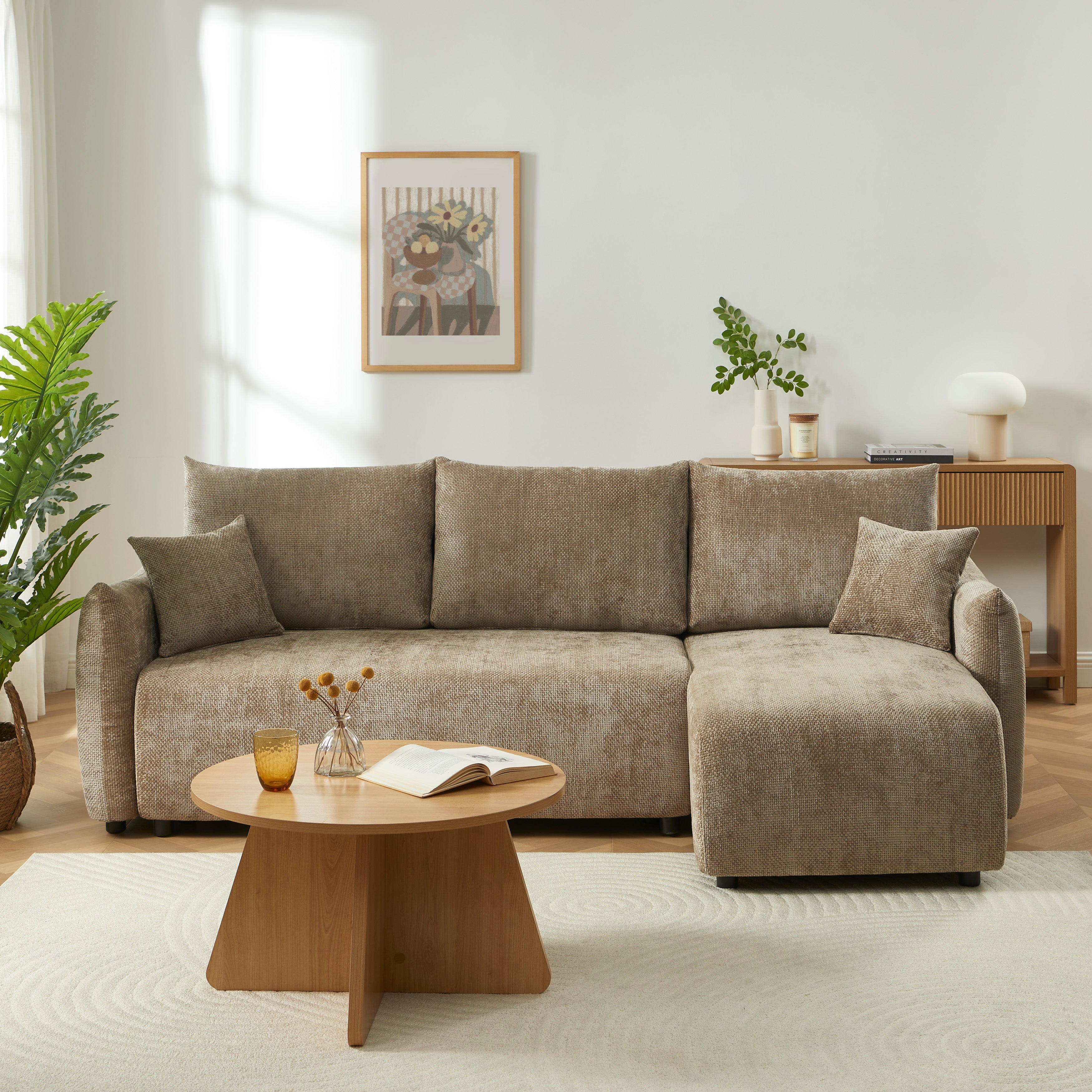 NEMEA Convertible & Reversible Sectional Sleeper Sofa – Beige Chenille Fabric 4-Seater Living Room Furniture