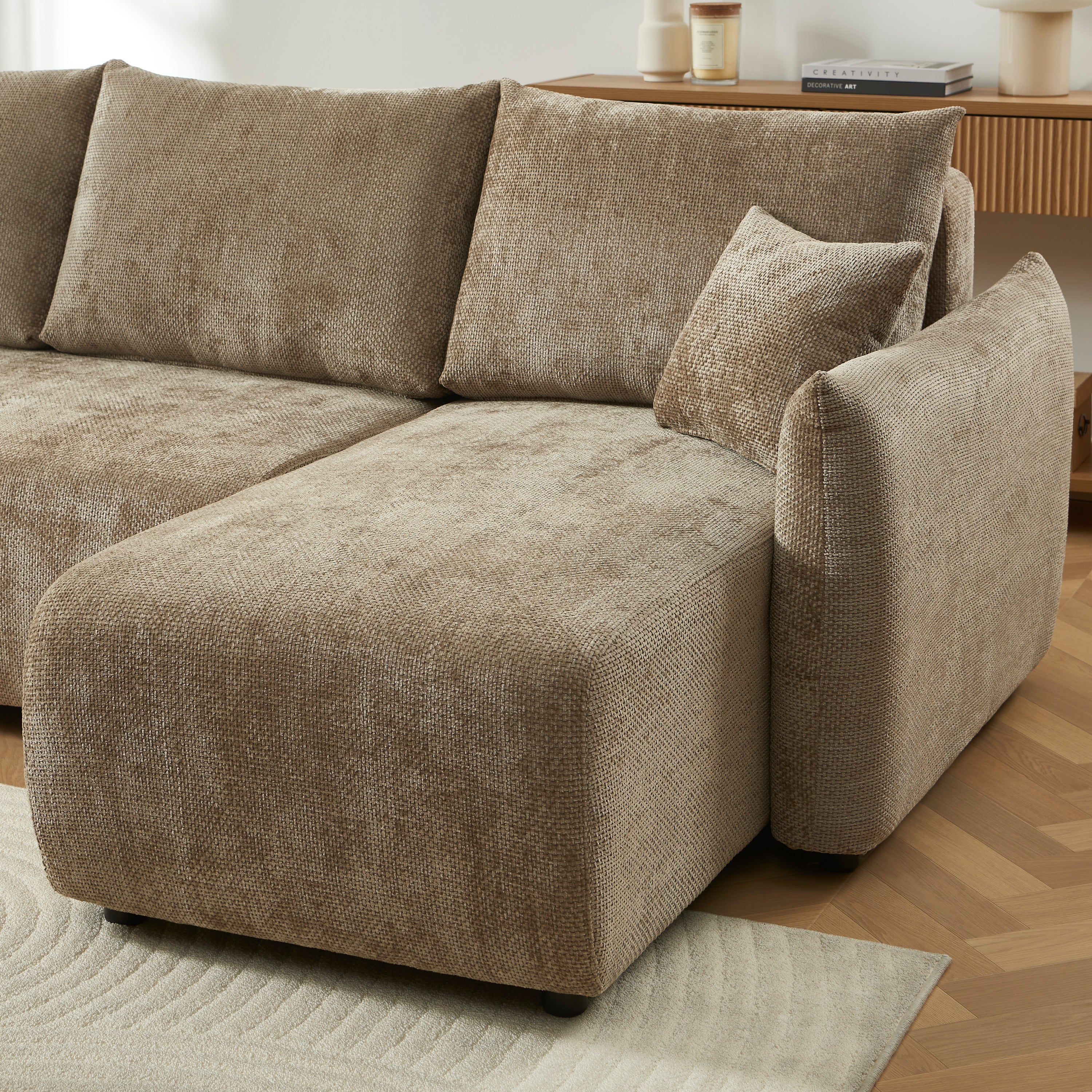 NEMEA Convertible & Reversible Sectional Sleeper Sofa – Beige Chenille Fabric 4-Seater Living Room Furniture