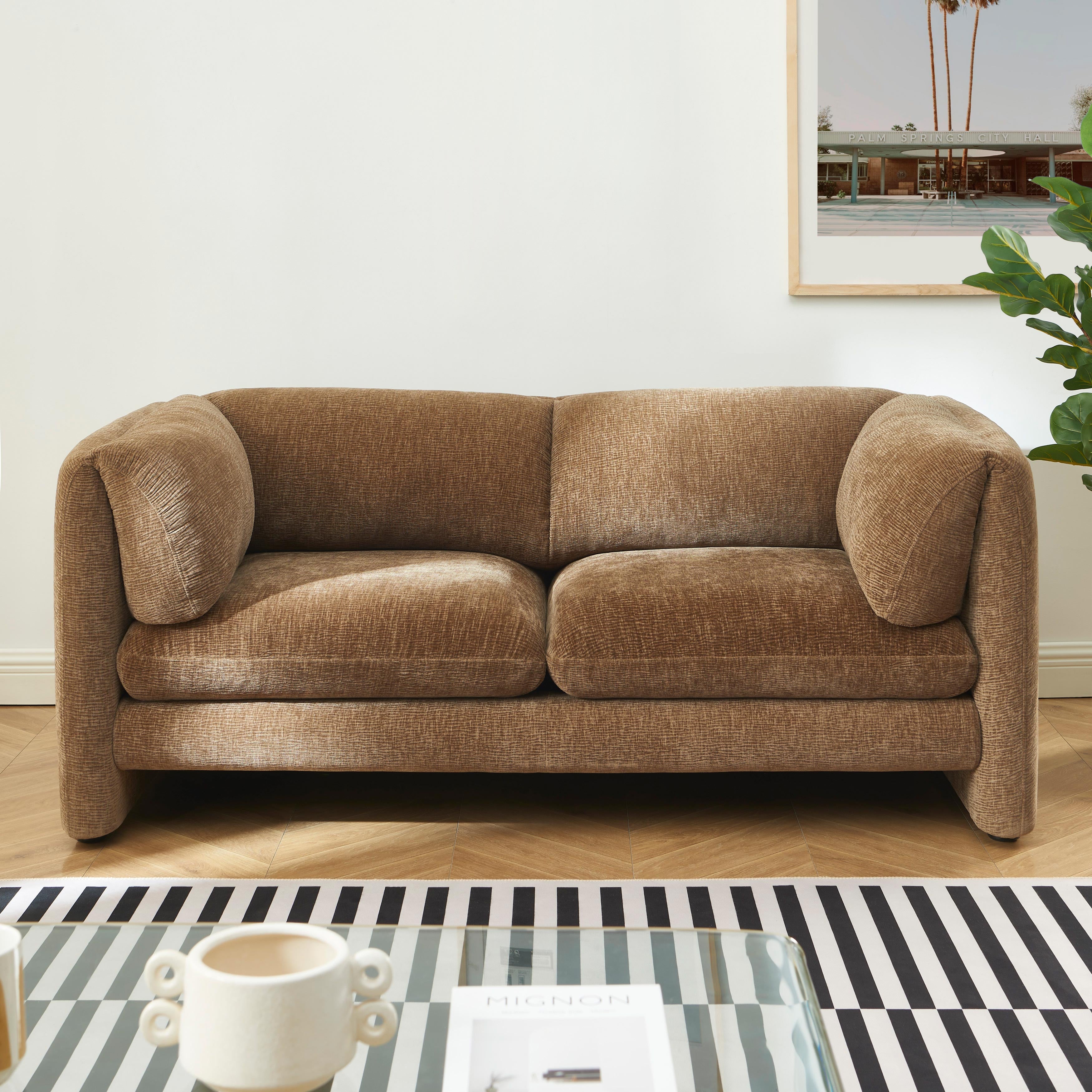 NIKKI 67'' 2-Seater Sofa Textured Velvet Upholstery - Brown