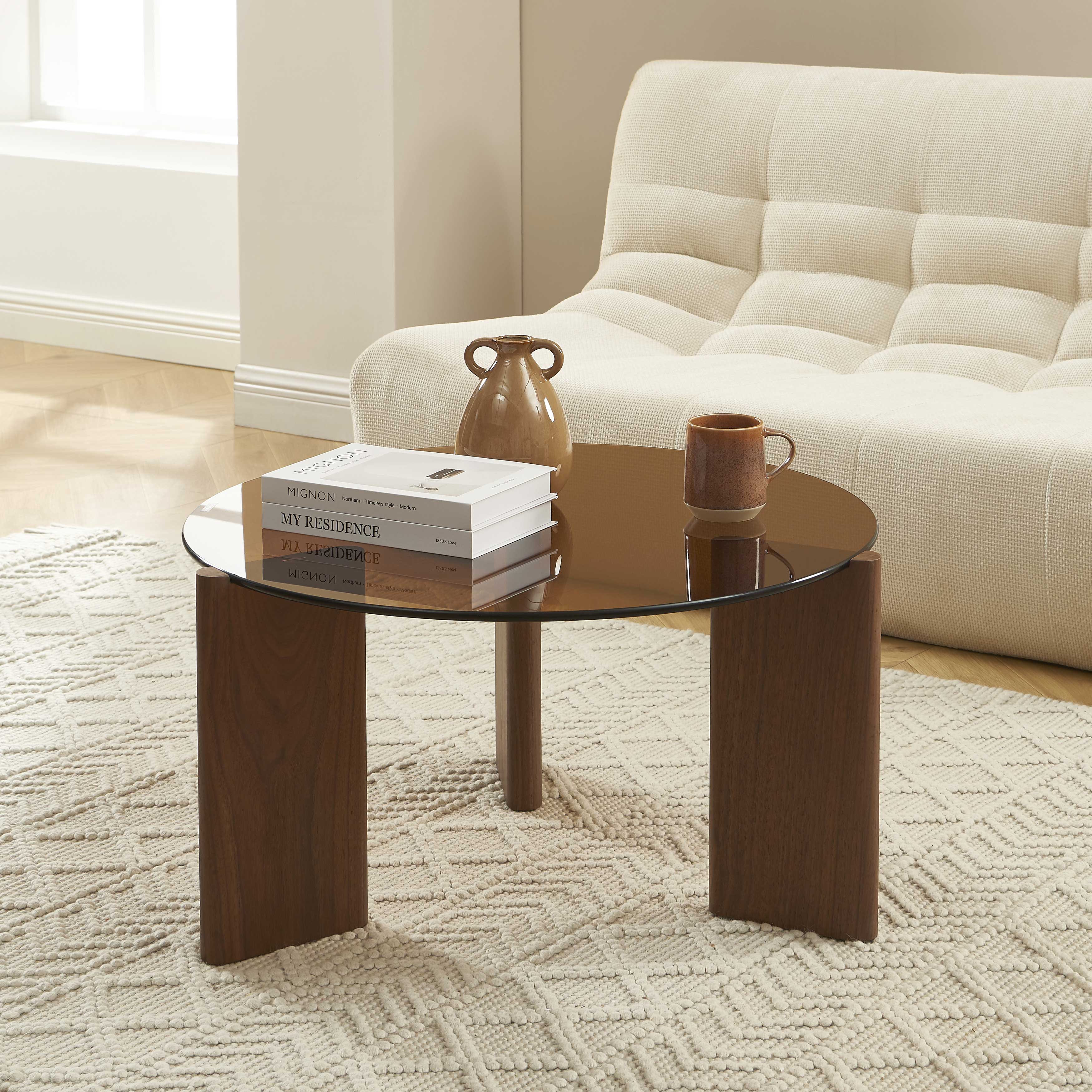 OLIE Caramel Glass and Walnut Veneer Coffee Table – Orange