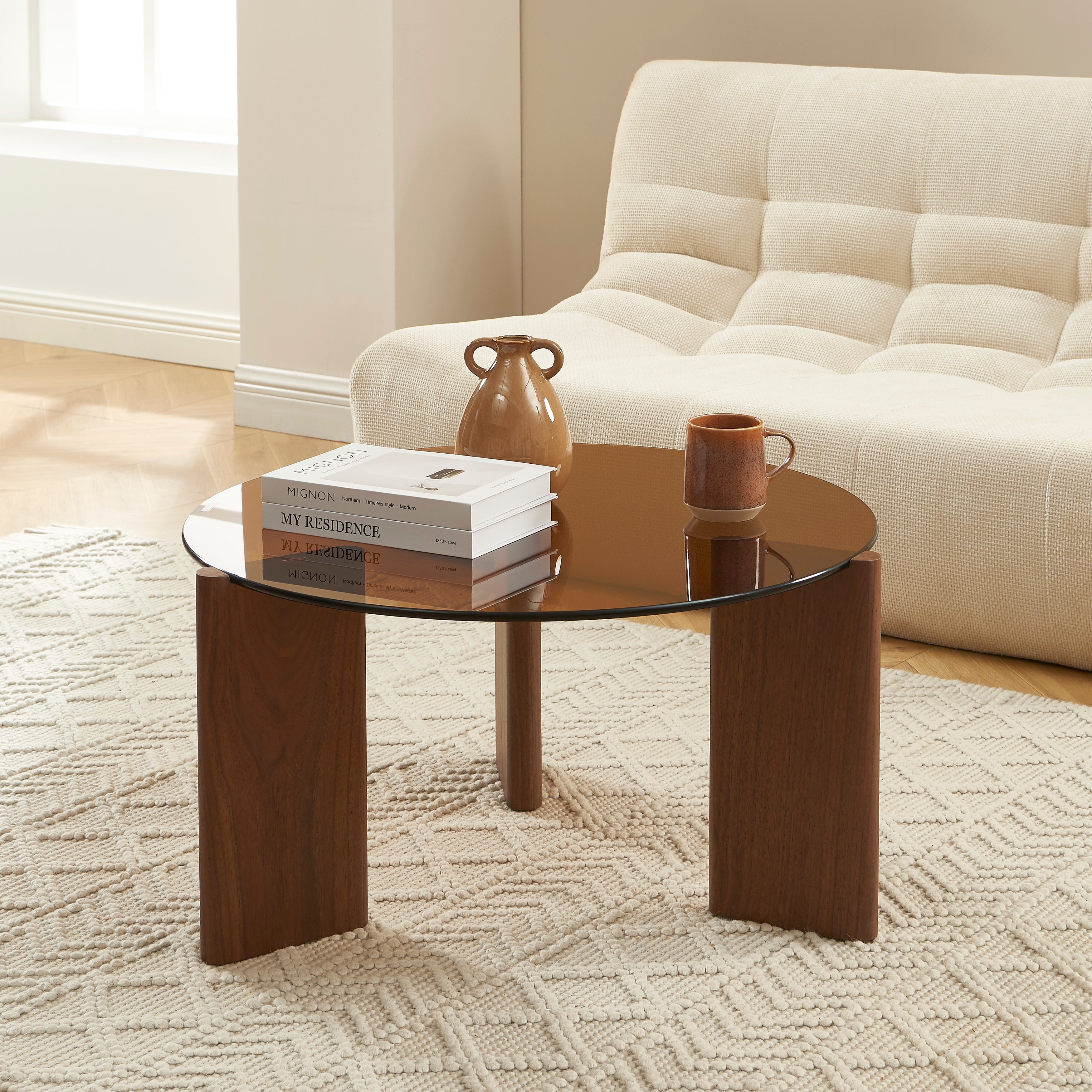 OLIE Caramel Glass and Walnut Veneer Coffee Table – Orange