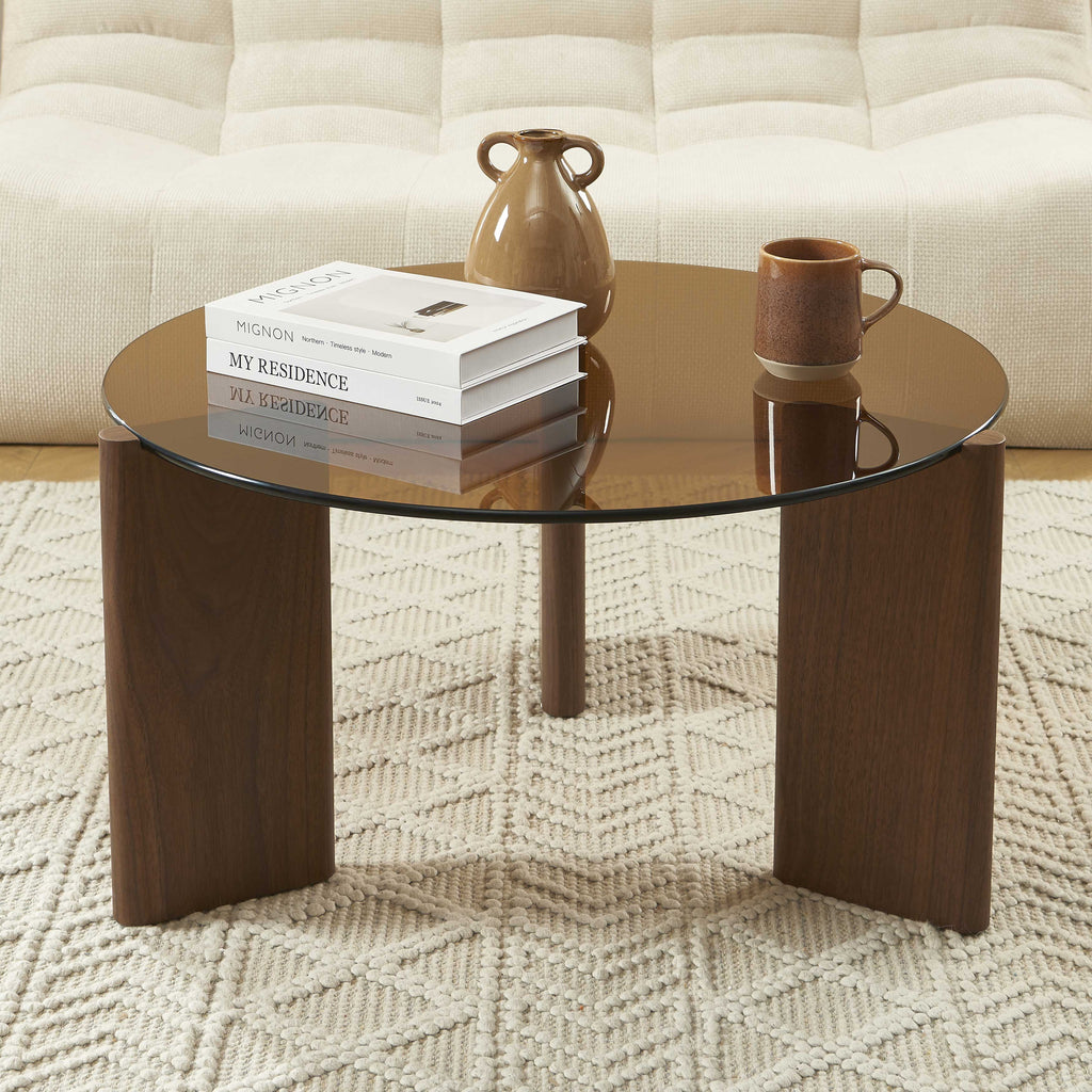 OLIE Caramel Glass and Walnut Veneer Coffee Table – Orange