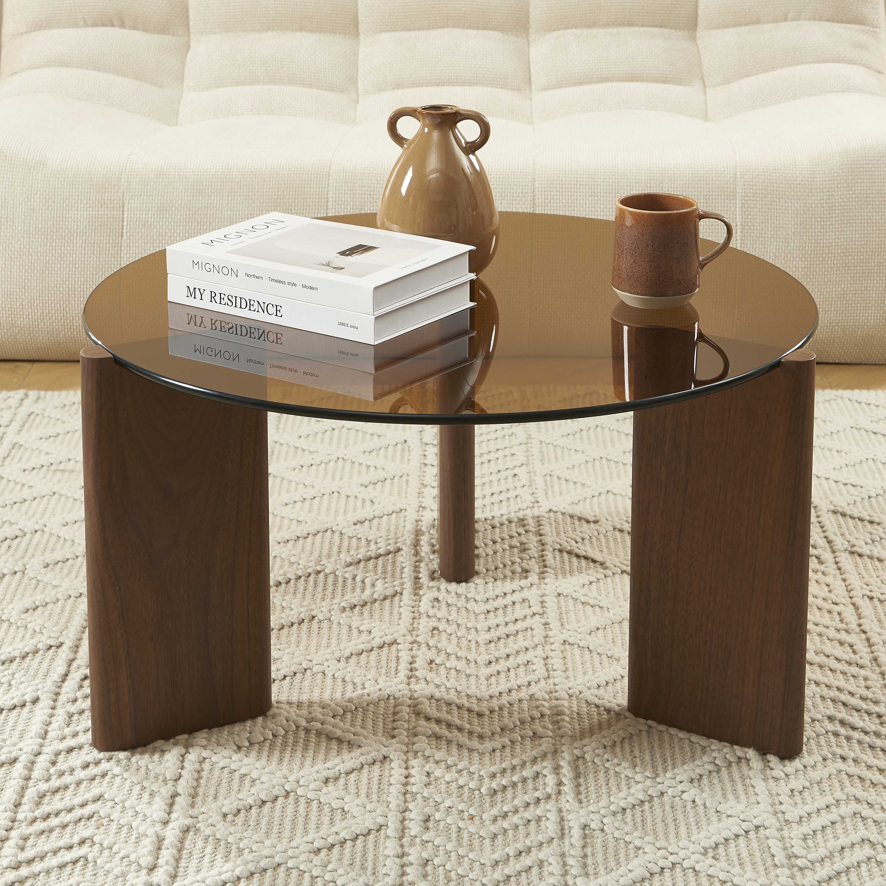 OLIE Caramel Glass and Walnut Veneer Coffee Table – Orange