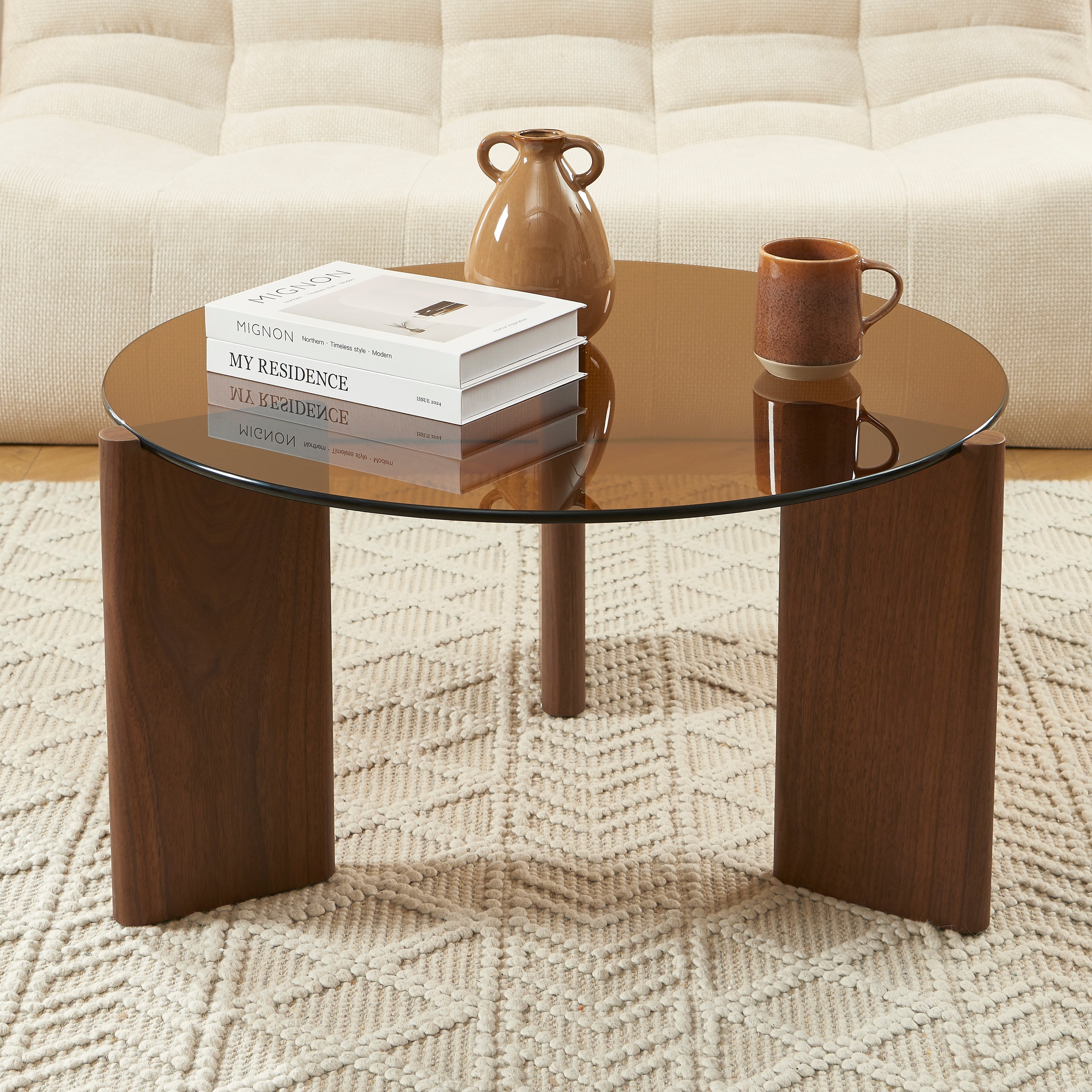 OLIE Caramel Glass and Walnut Veneer Coffee Table – Orange