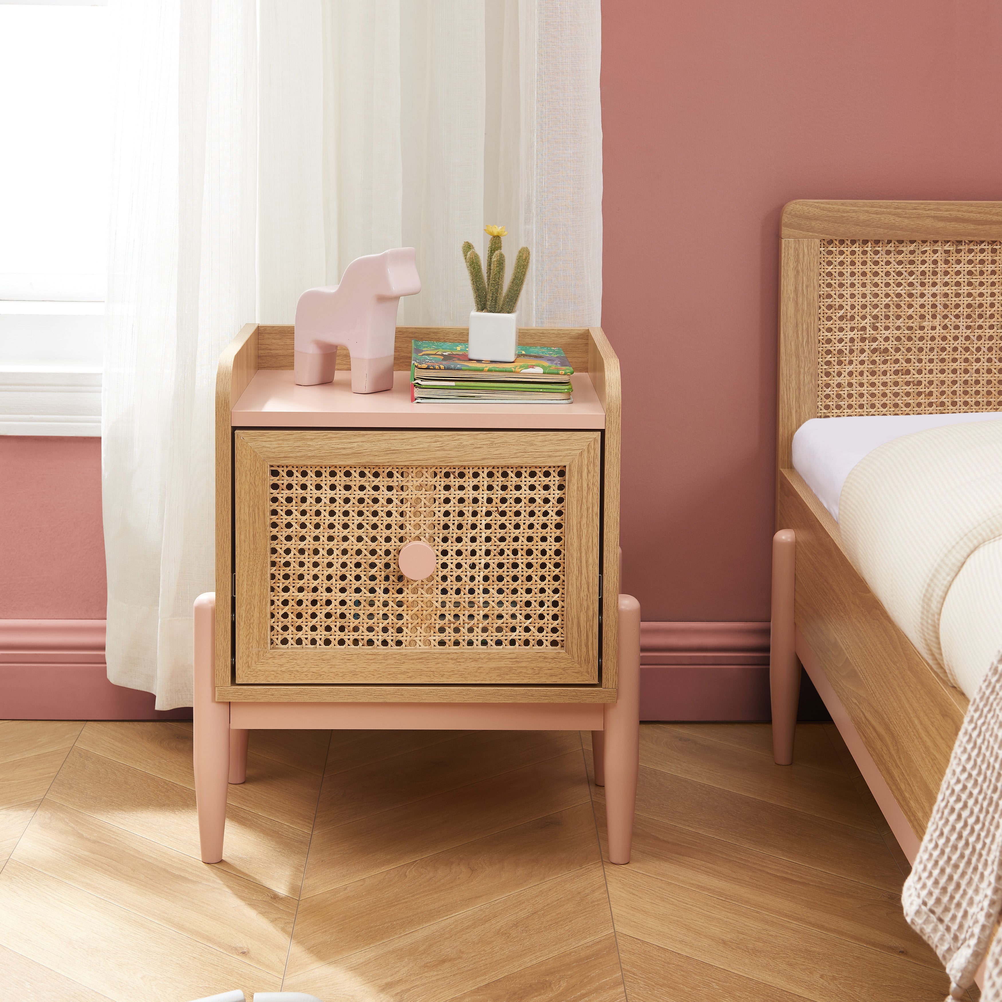 PABLO Kids Nightstand with Rattan Cane Detailing – Pink