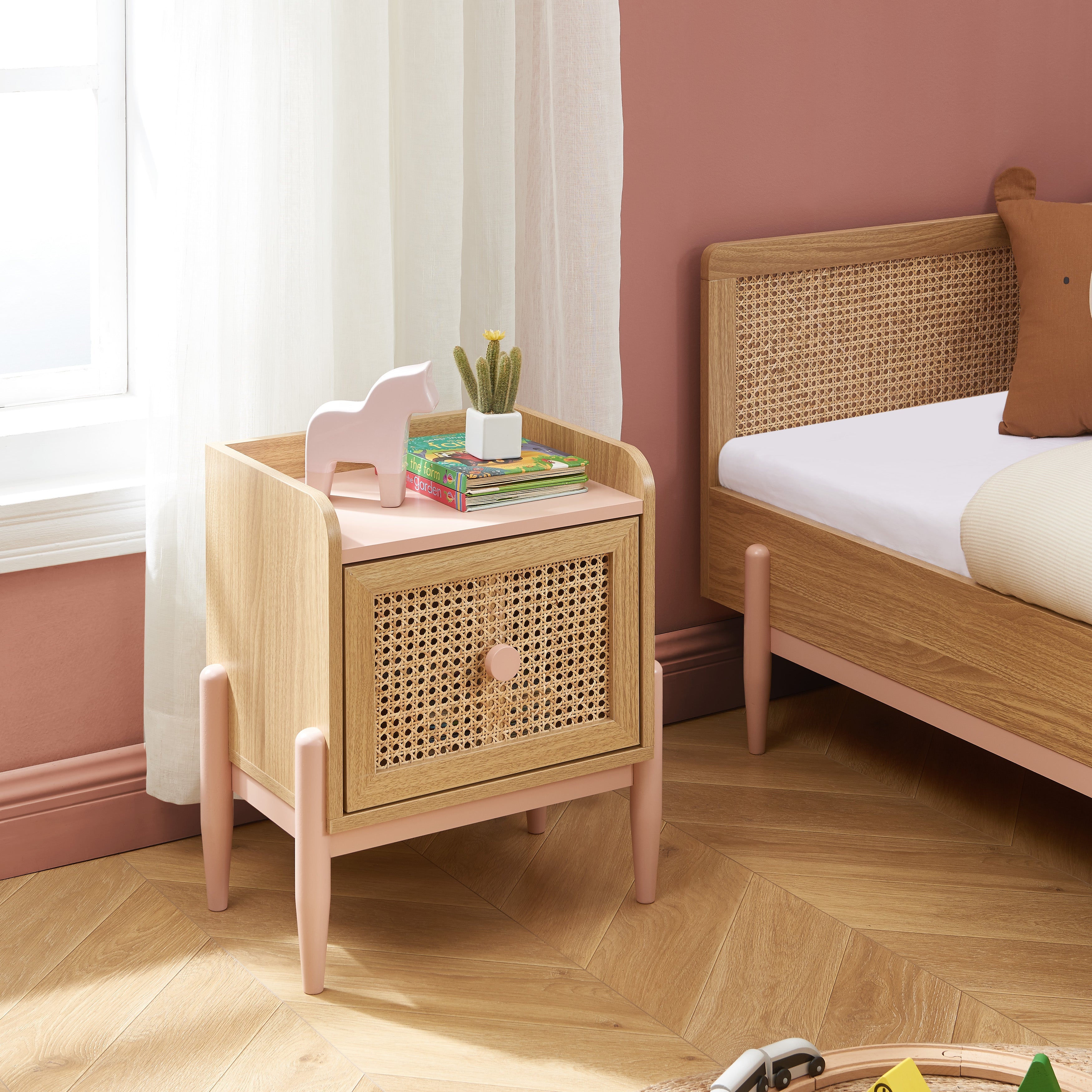 PABLO Kids Nightstand with Rattan Cane Detailing – Pink