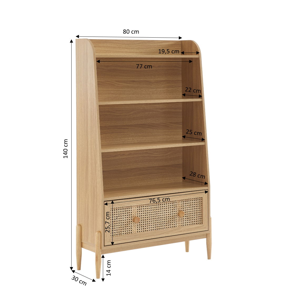 PABLO Kids Bookcase with Rattan Cane Detailing