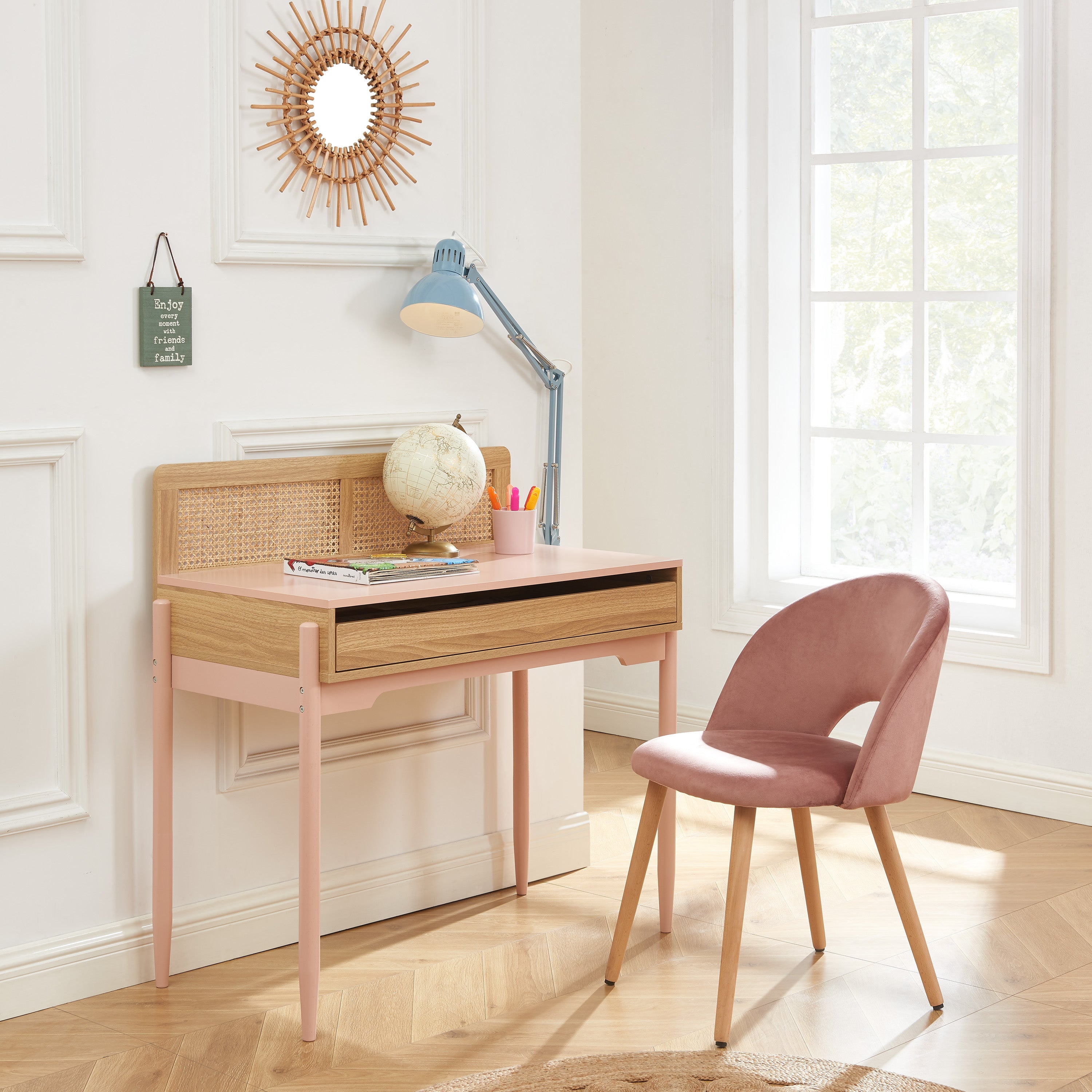 PABLO Kids Desk with Rattan Cane Detailing – Pink