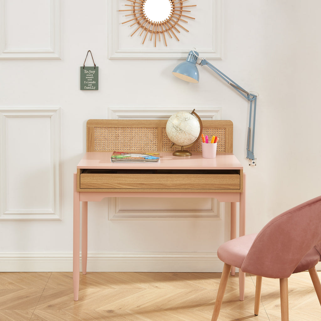 PABLO Kids Desk with Rattan Cane Detailing – Pink