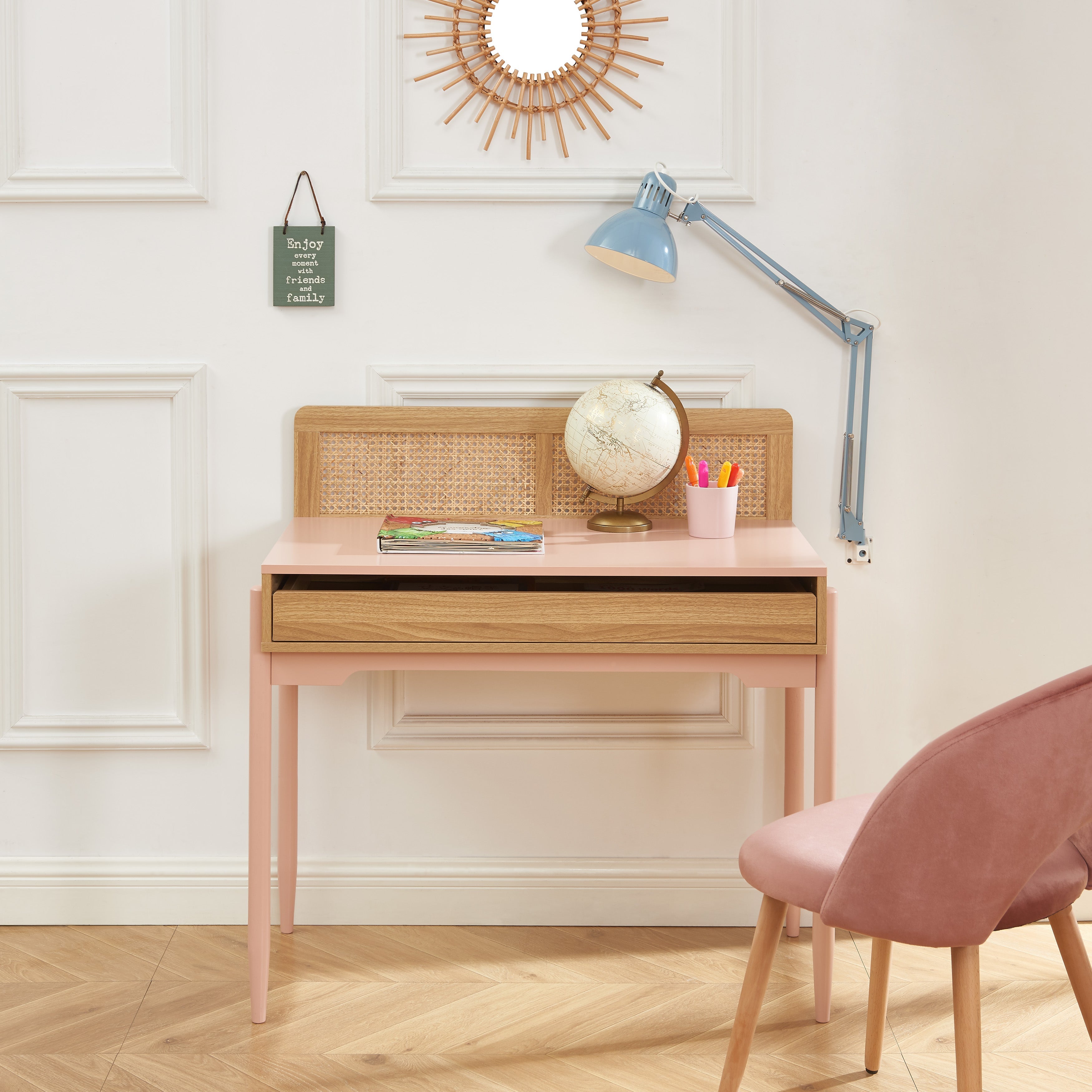 PABLO Kids Desk with Rattan Cane Detailing – Pink