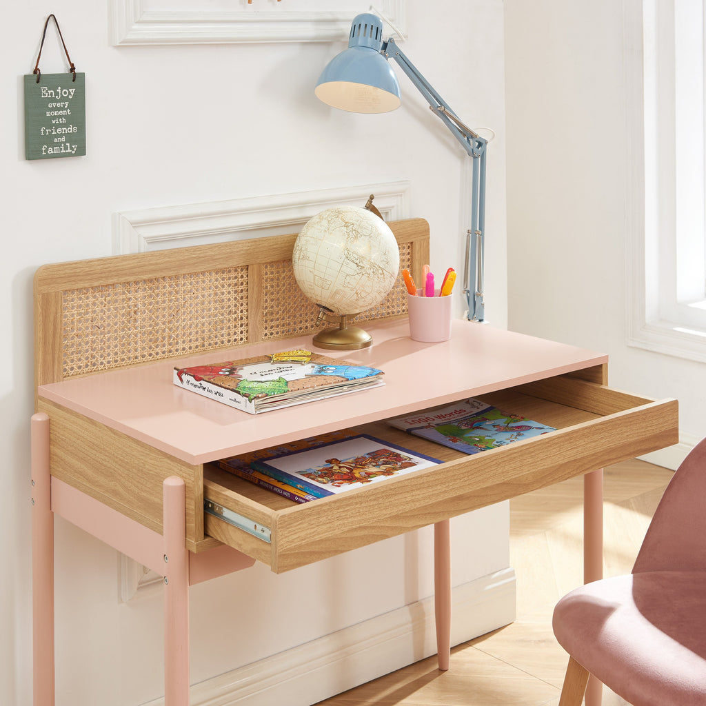 PABLO Kids Desk with Rattan Cane Detailing – Pink