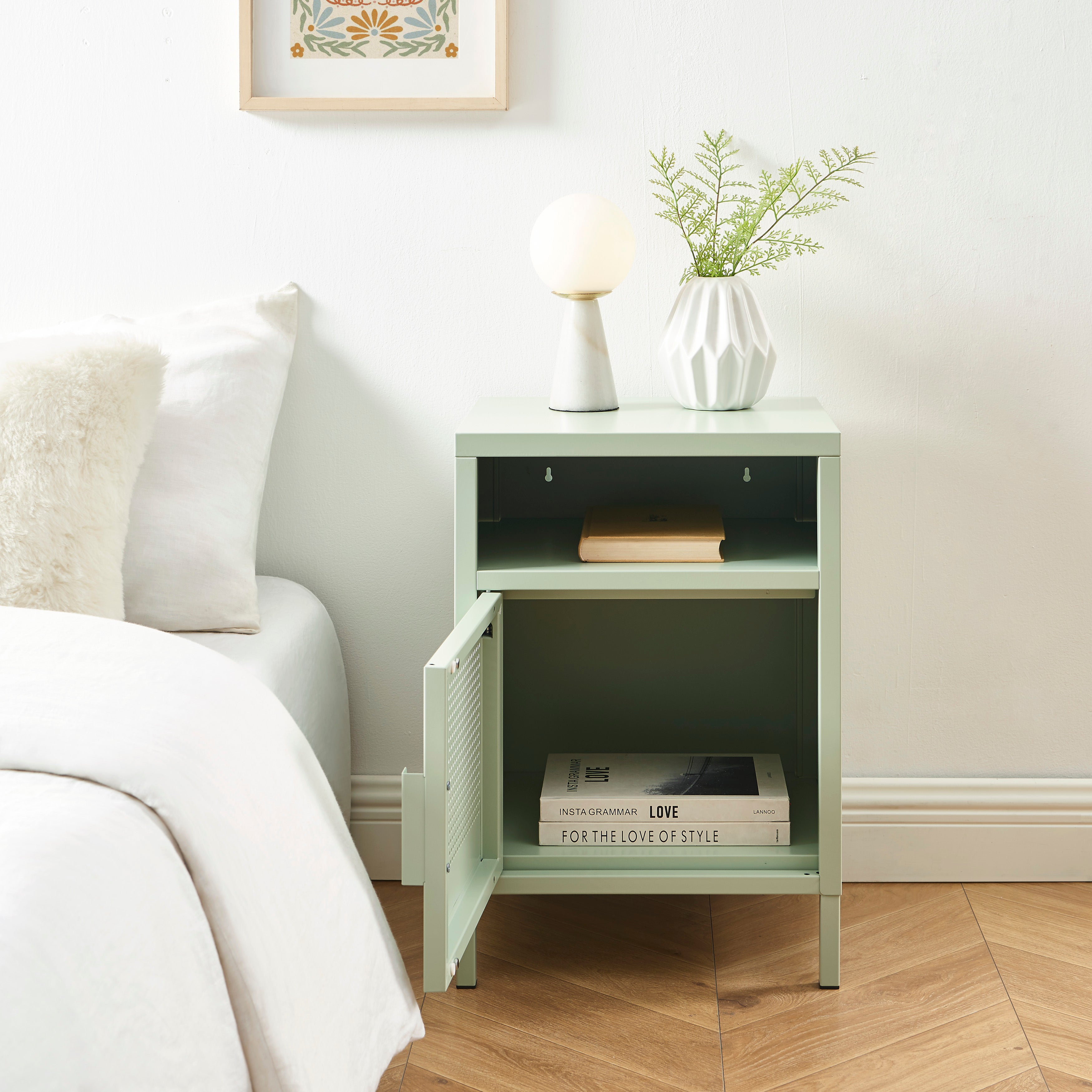 PANTONE® Metal 2-Drawer Nightstand – Almond green