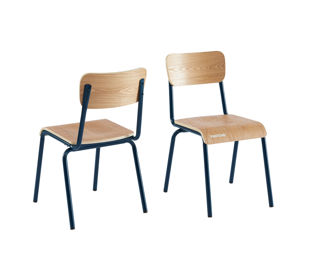 PANTONE® Set of 2 Dining Chairs with Ash Veneer Seat and Metal Legs – Midnight blue