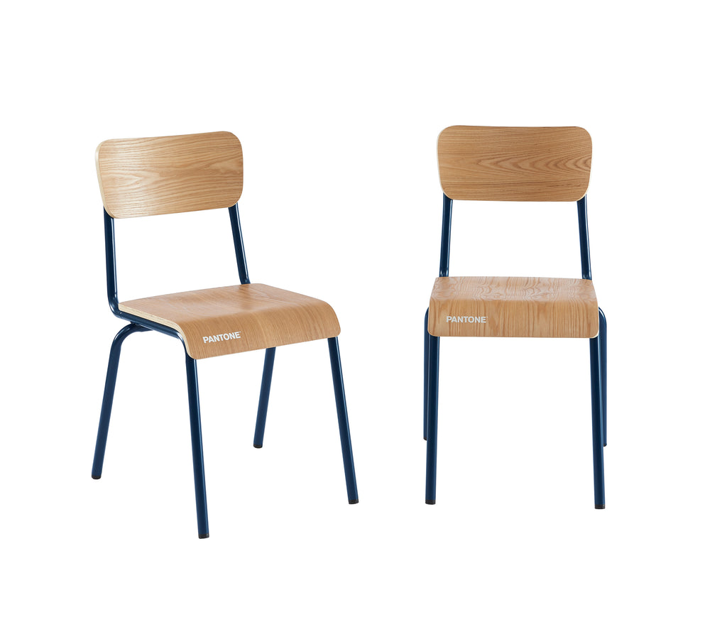 PANTONE® Set of 2 Dining Chairs with Ash Veneer Seat and Metal Legs – Midnight blue