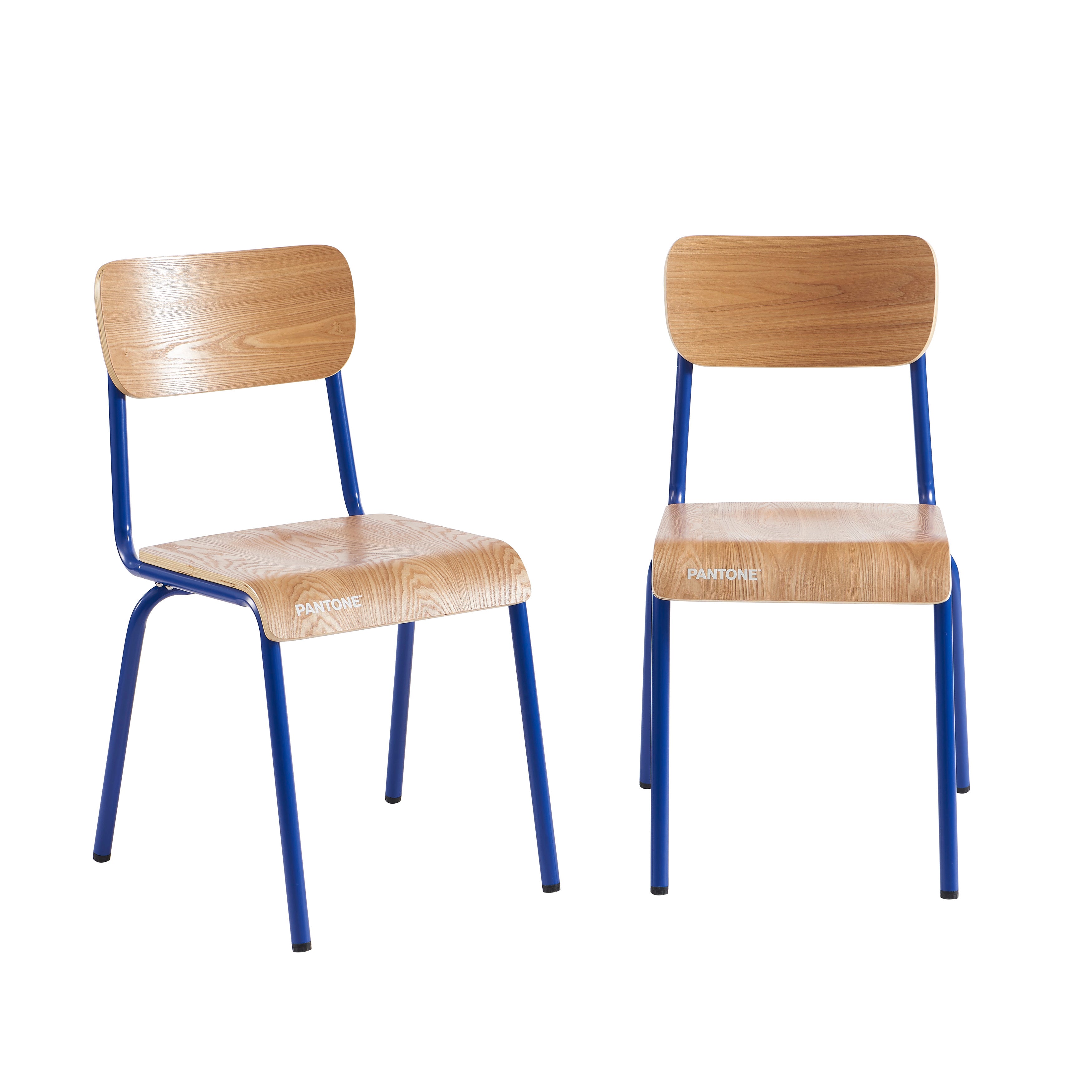 PANTONE® Set of 2 Dining Chairs with Ash Veneer Seat and Metal Legs – Electric blue