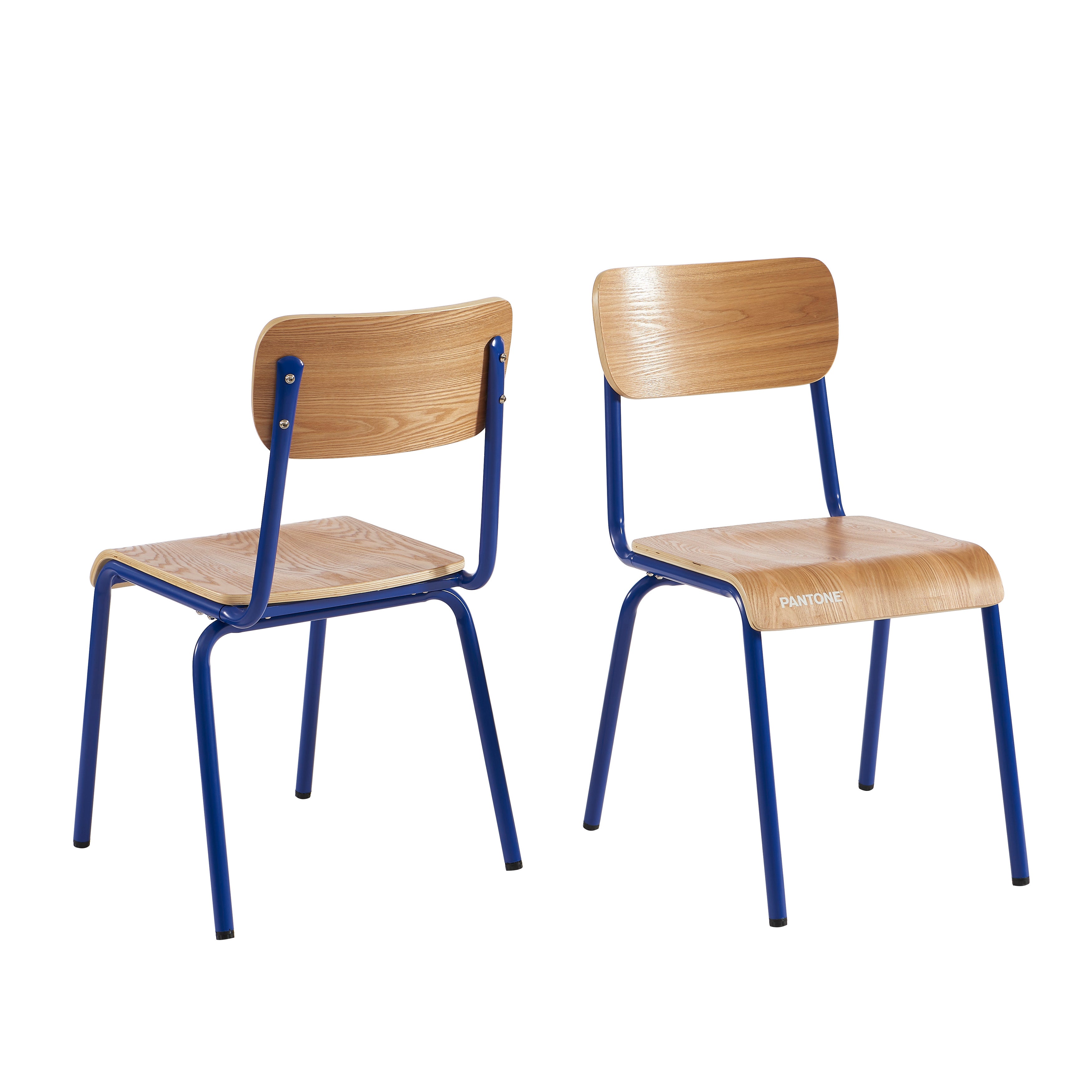 PANTONE® Set of 2 Dining Chairs with Ash Veneer Seat and Metal Legs – Electric blue