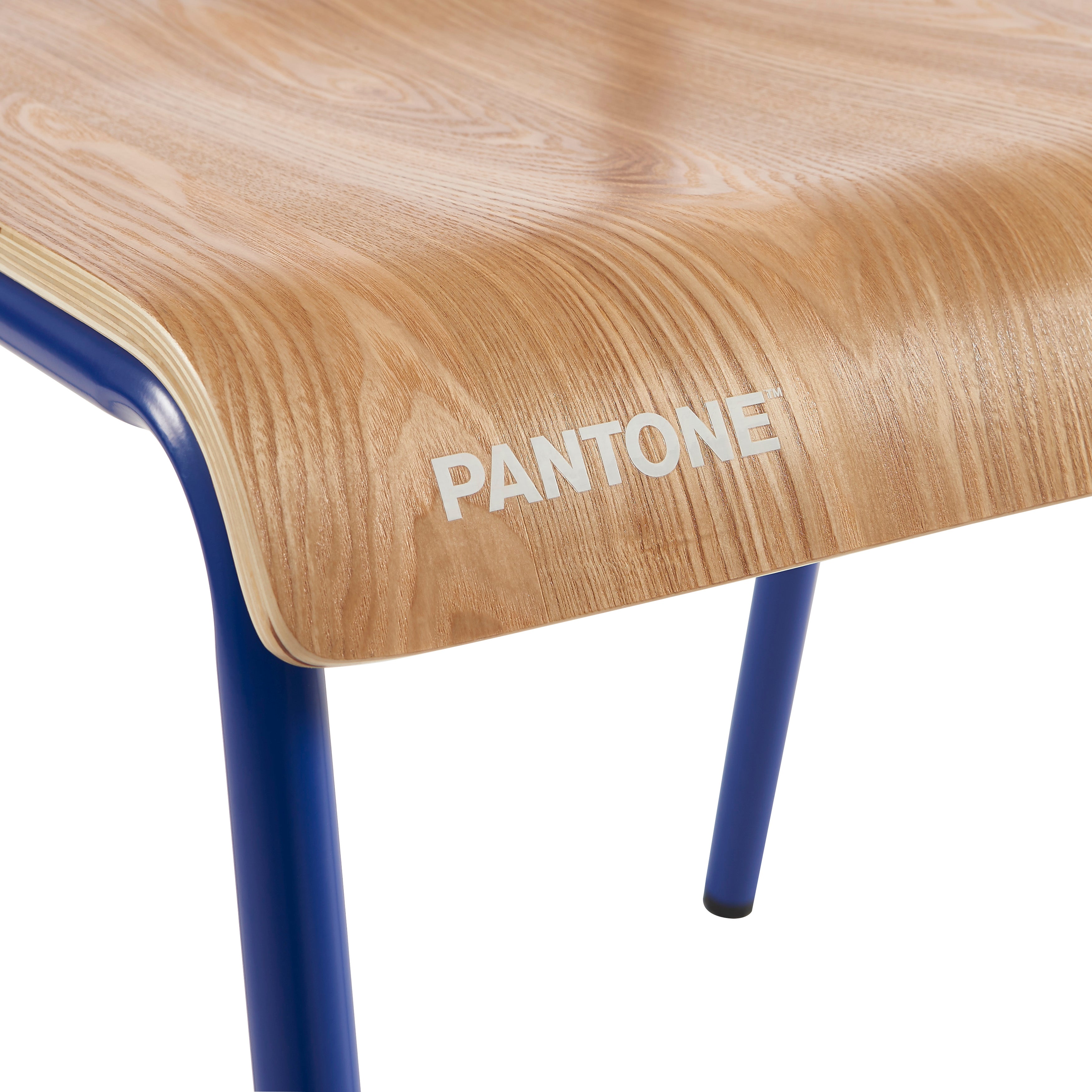 PANTONE® Set of 2 Dining Chairs with Ash Veneer Seat and Metal Legs – Electric blue