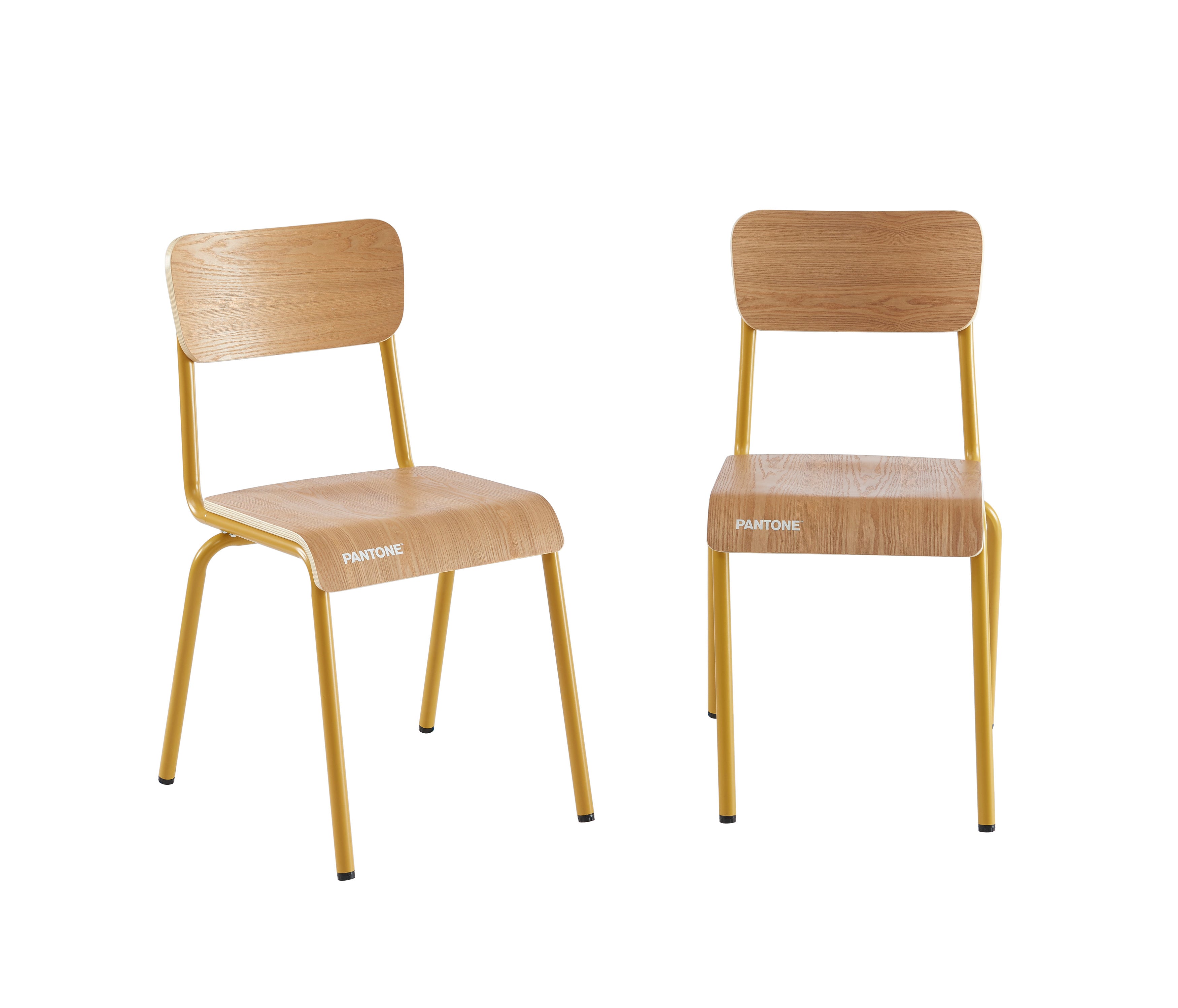 PANTONE® Set of 2 Dining Chairs with Ash Veneer Seat and Metal Legs – Mustard