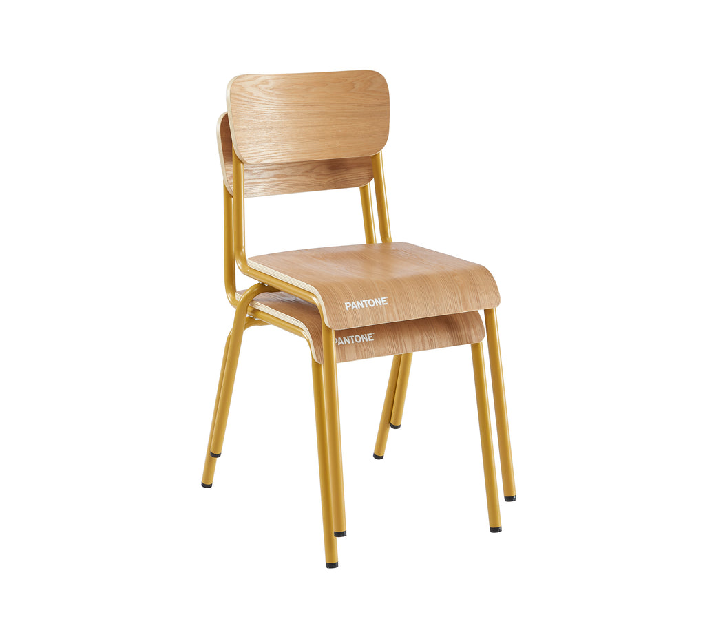 PANTONE® Set of 2 Dining Chairs with Ash Veneer Seat and Metal Legs – Mustard
