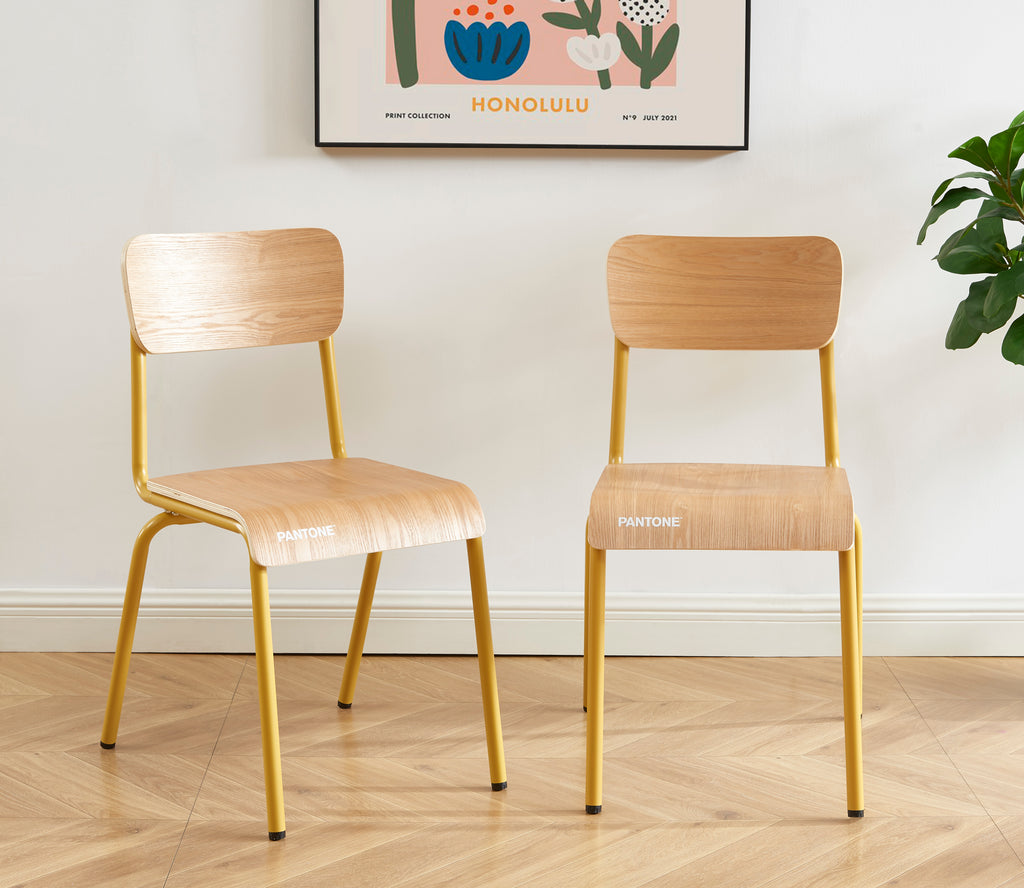 PANTONE® Set of 2 Dining Chairs with Ash Veneer Seat and Metal Legs – Mustard