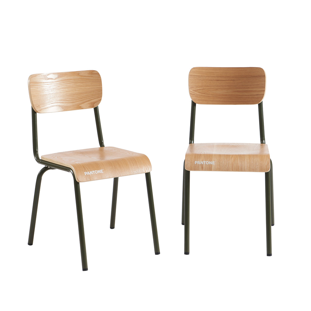 PANTONE® Set of 2 Dining Chairs with Ash Veneer Seat and Metal Legs – Olive green