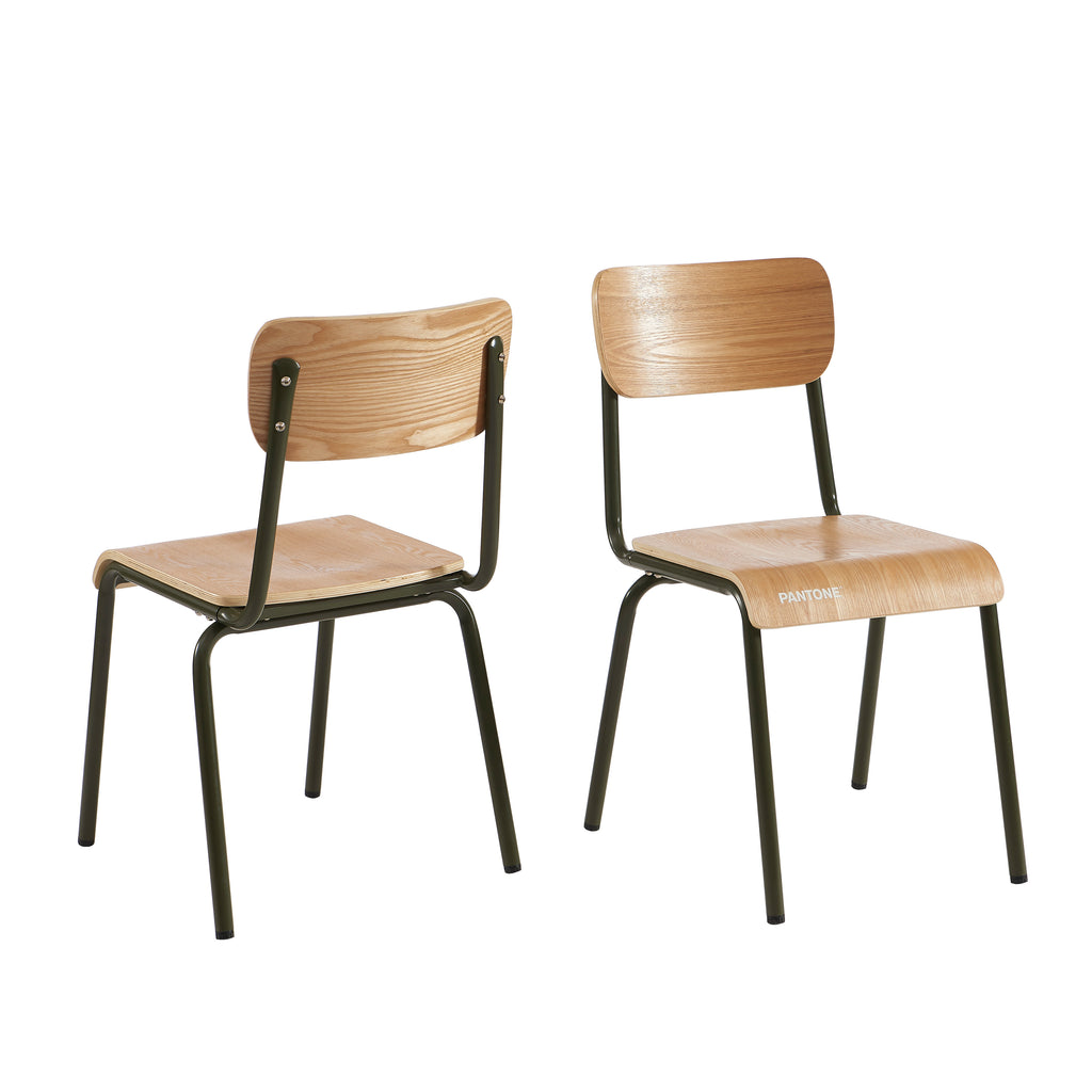 PANTONE® Set of 2 Dining Chairs with Ash Veneer Seat and Metal Legs – Olive green