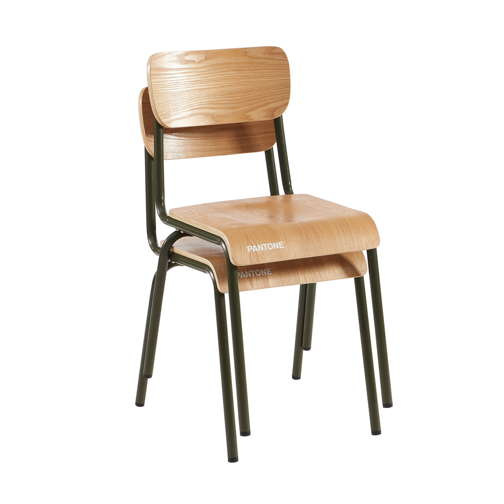 PANTONE® Set of 2 Dining Chairs with Ash Veneer Seat and Metal Legs – Olive green