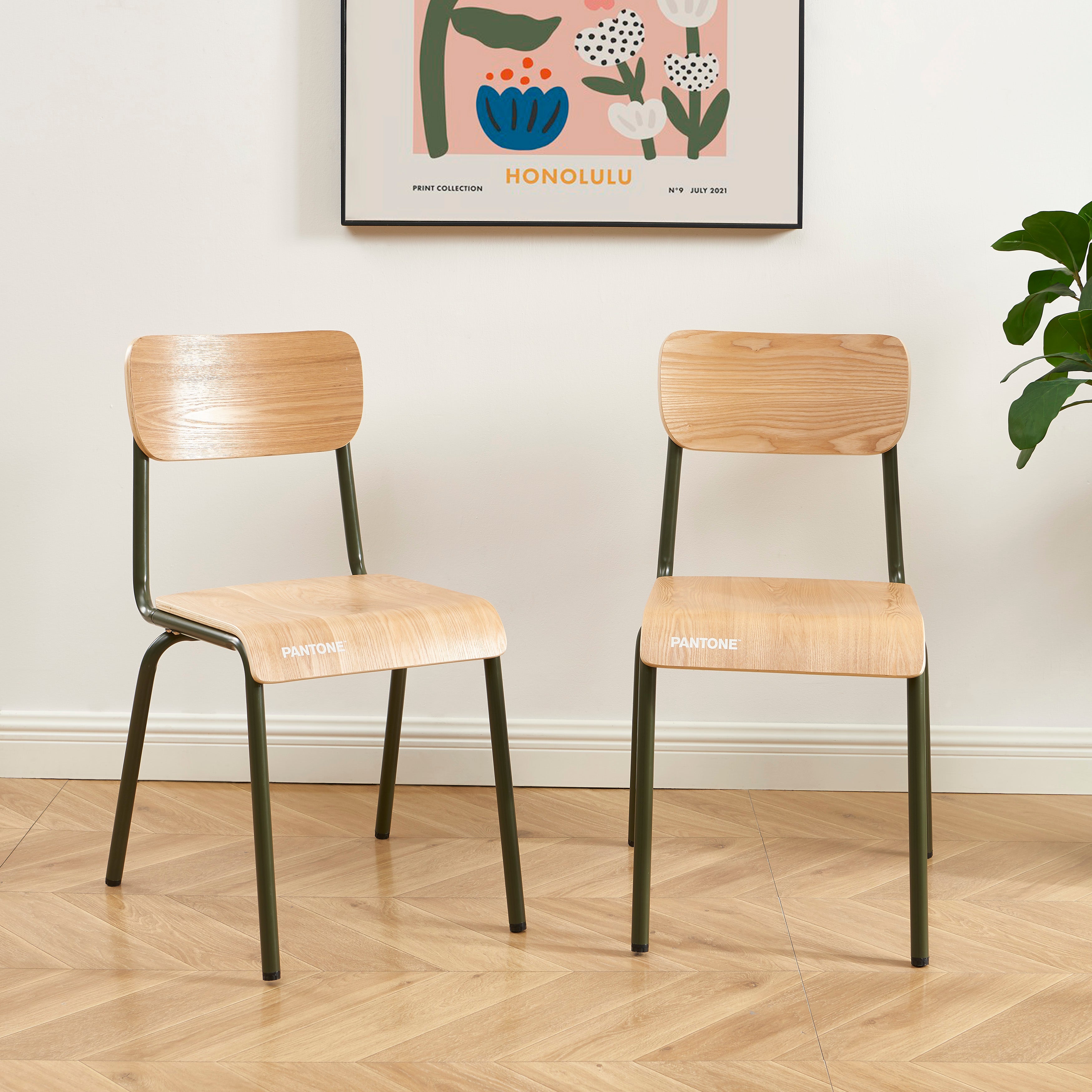 PANTONE® Set of 2 Dining Chairs with Ash Veneer Seat and Metal Legs – Olive green