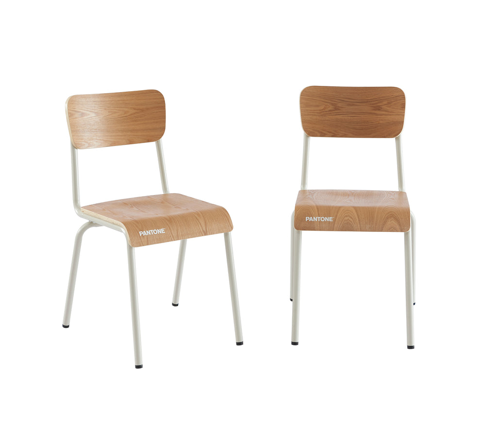 PANTONE® Set of 2 Dining Chairs with Ash Veneer Seat and Metal Legs – Sand