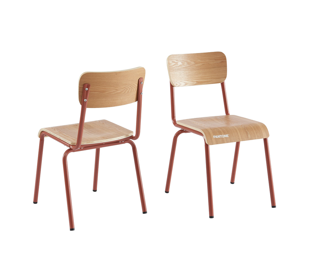 PANTONE® Set of 2 Dining Chairs with Ash Veneer Seat and Metal Legs – Terracotta
