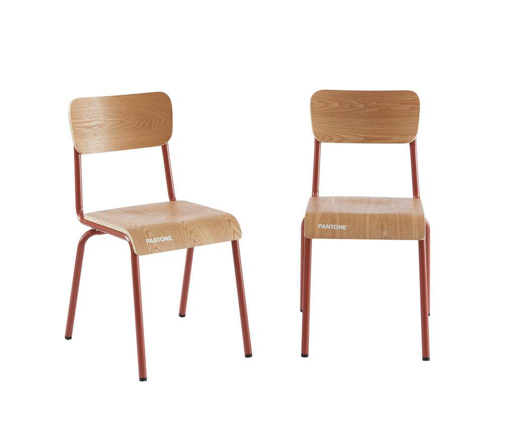PANTONE® Set of 2 Dining Chairs with Ash Veneer Seat and Metal Legs – Terracotta
